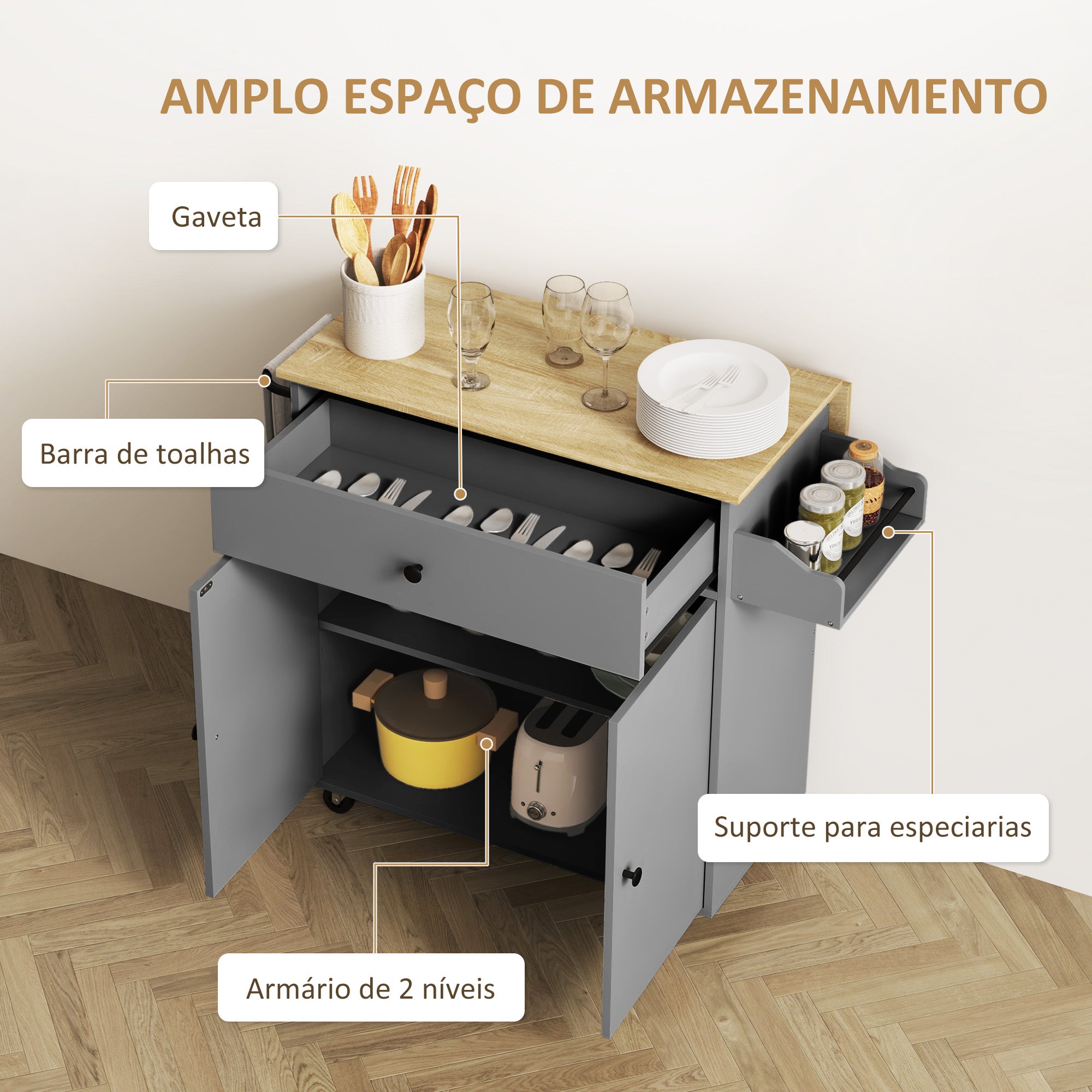 Ilha de Cozinha Cinzenta 106x42x87 cm com Lateral Dobrável e Múltiplos Compartimentos