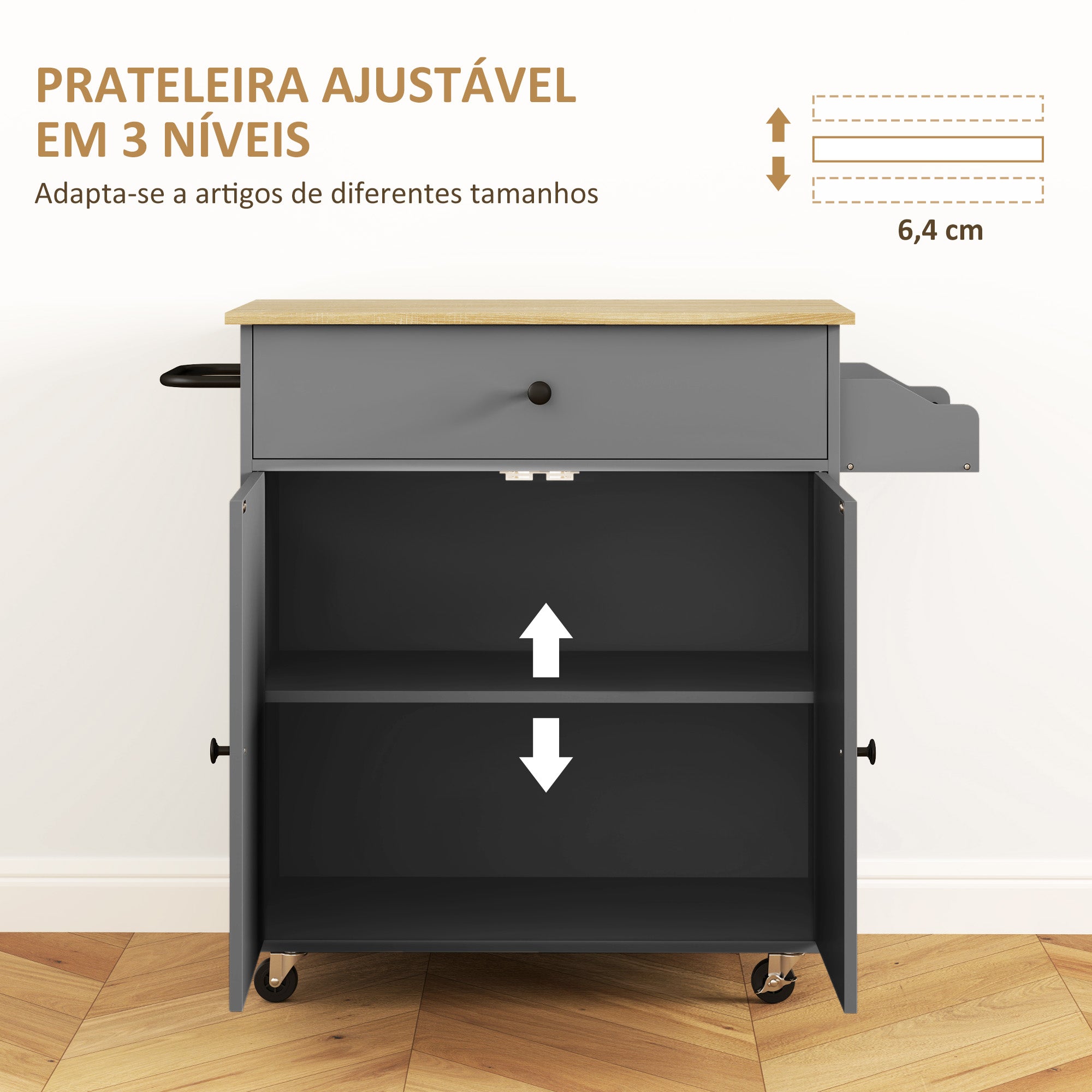 Ilha de Cozinha Cinzenta 106x42x87 cm com Lateral Dobrável e Múltiplos Compartimentos