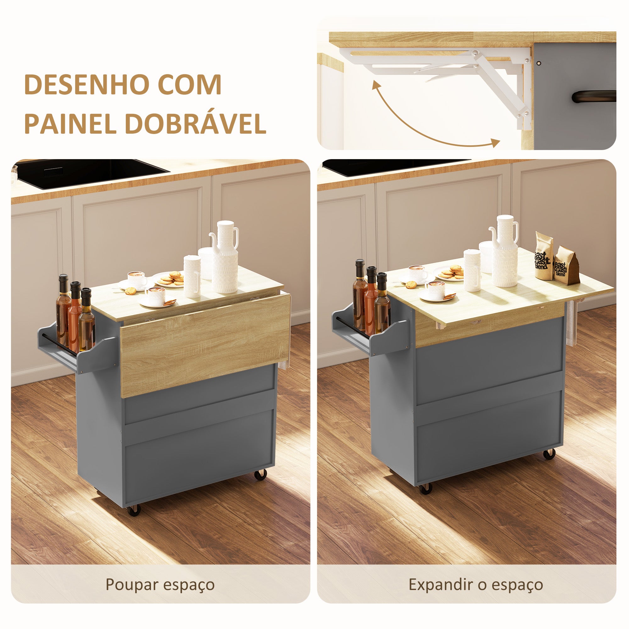 Ilha de Cozinha Cinzenta 106x42x87 cm com Lateral Dobrável e Múltiplos Compartimentos