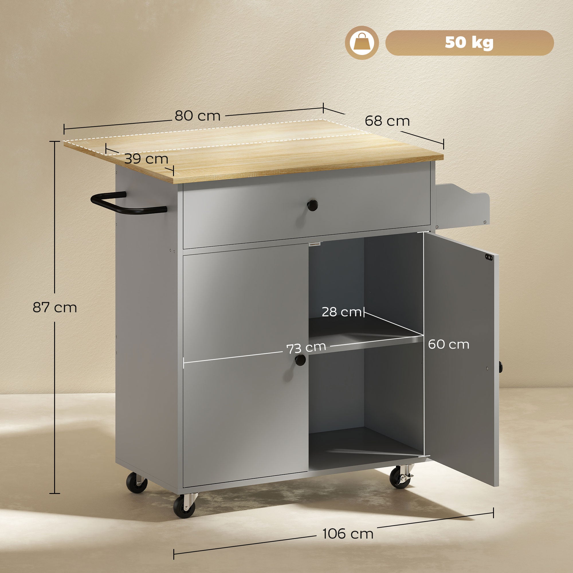 Ilha de Cozinha Cinzenta 106x42x87 cm com Lateral Dobrável e Múltiplos Compartimentos