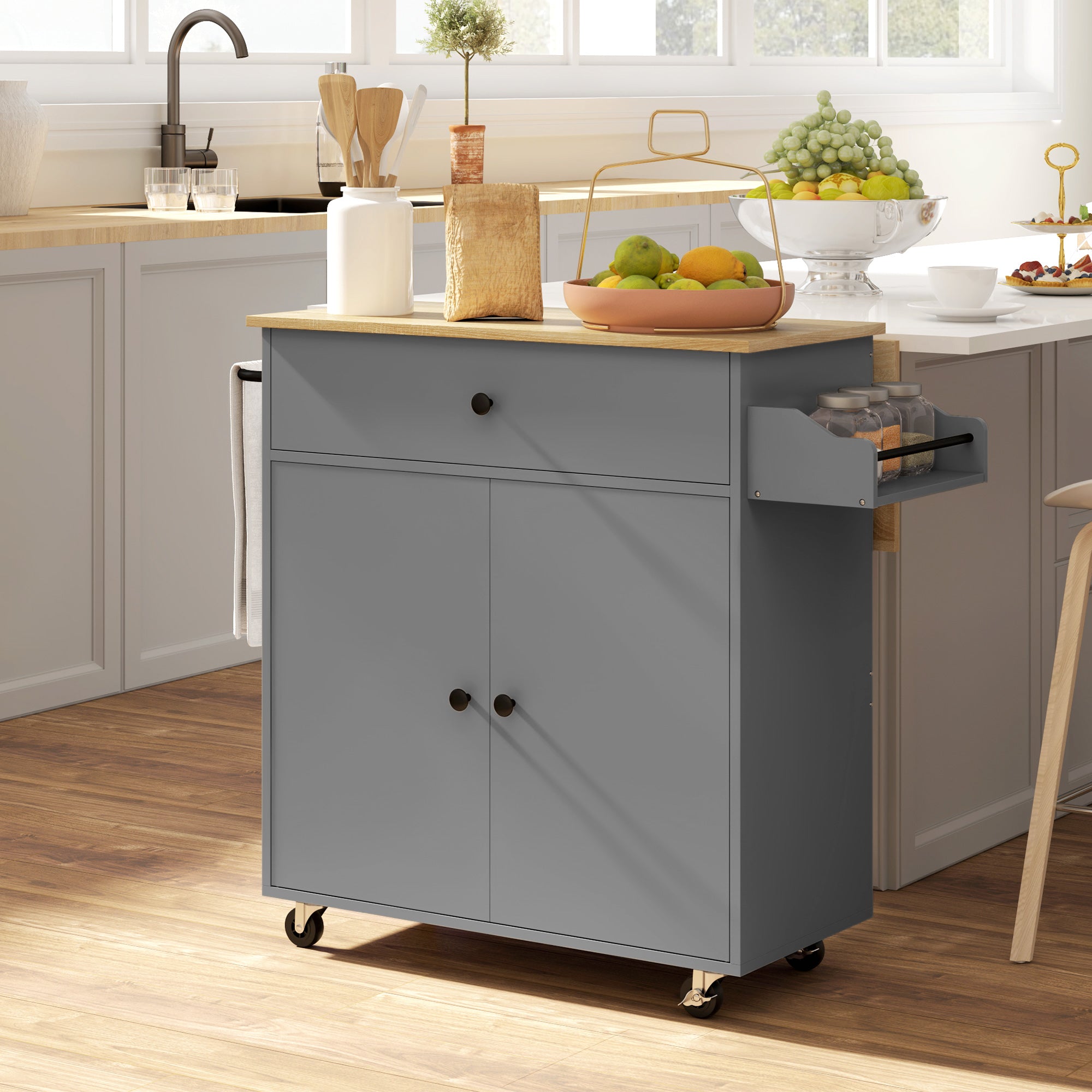 Ilha de Cozinha Cinzenta 106x42x87 cm com Lateral Dobrável e Múltiplos Compartimentos
