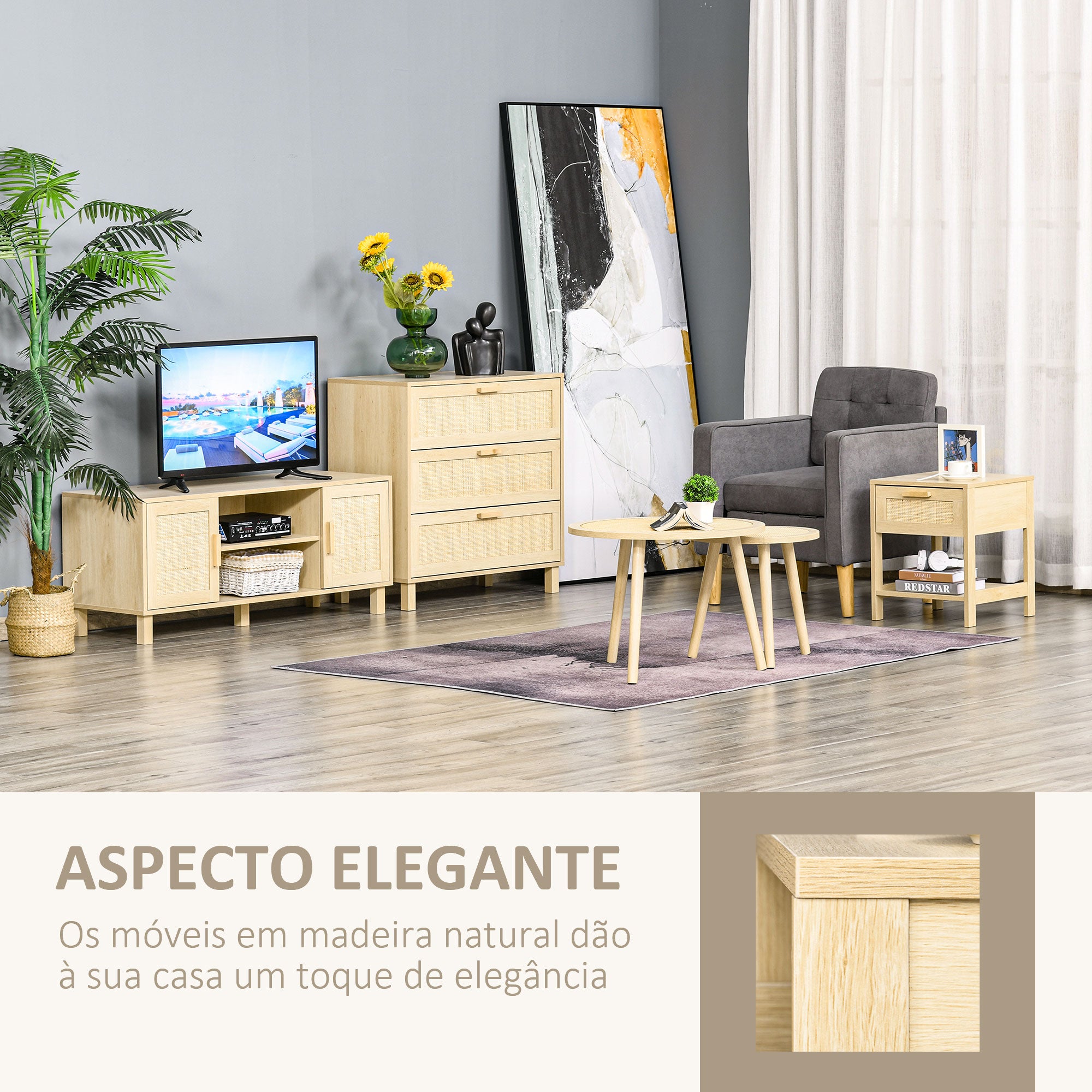Mesa de Cabeceira em Vime Natural 40x40x48 cm - Cor Madeira