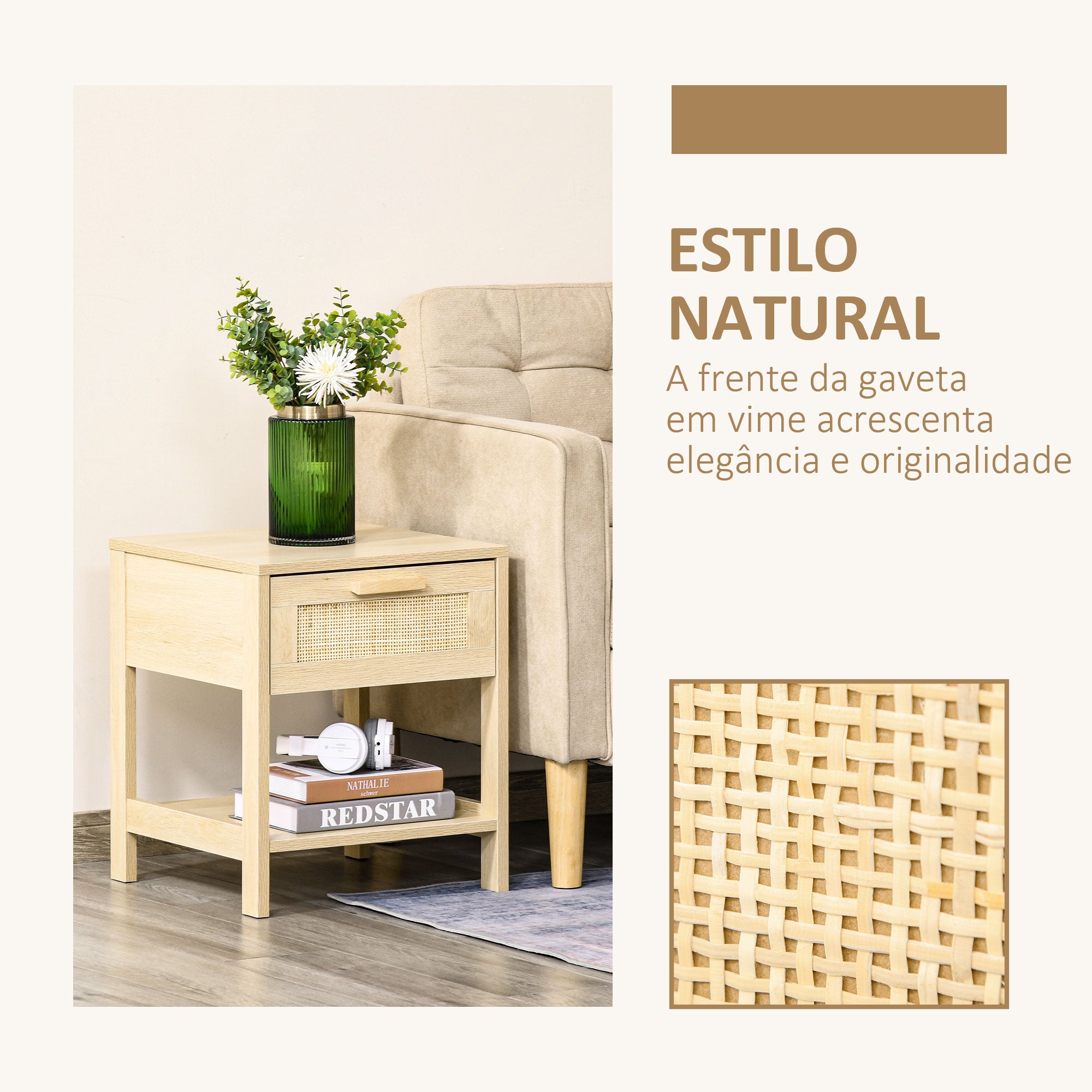 Mesa de Cabeceira em Vime Natural 40x40x48 cm - Cor Madeira
