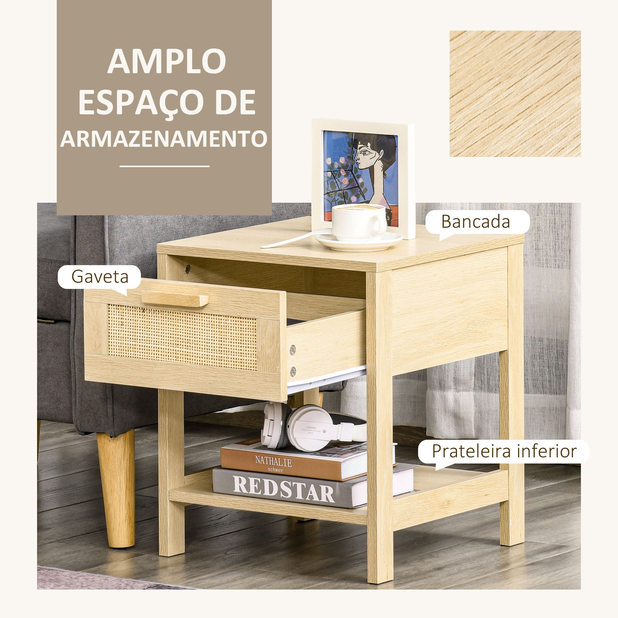 Mesa de Cabeceira em Vime Natural 40x40x48 cm - Cor Madeira