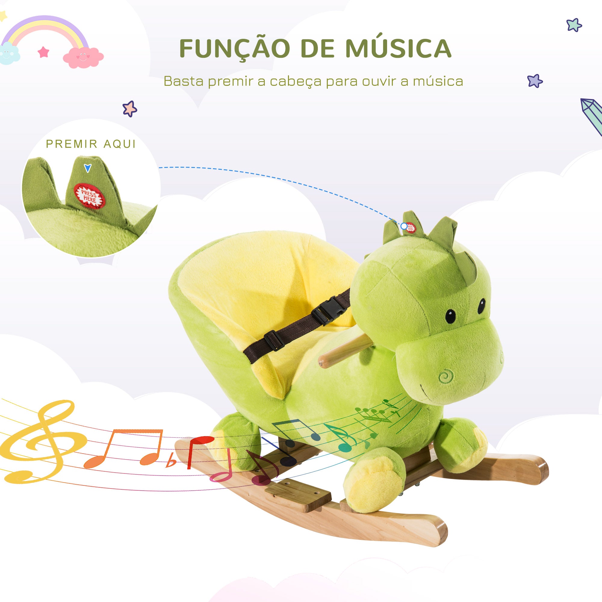 Baloiço Dinossauro de Pelúcia Verde 60x33x45cm para Bebés 18-36 Meses