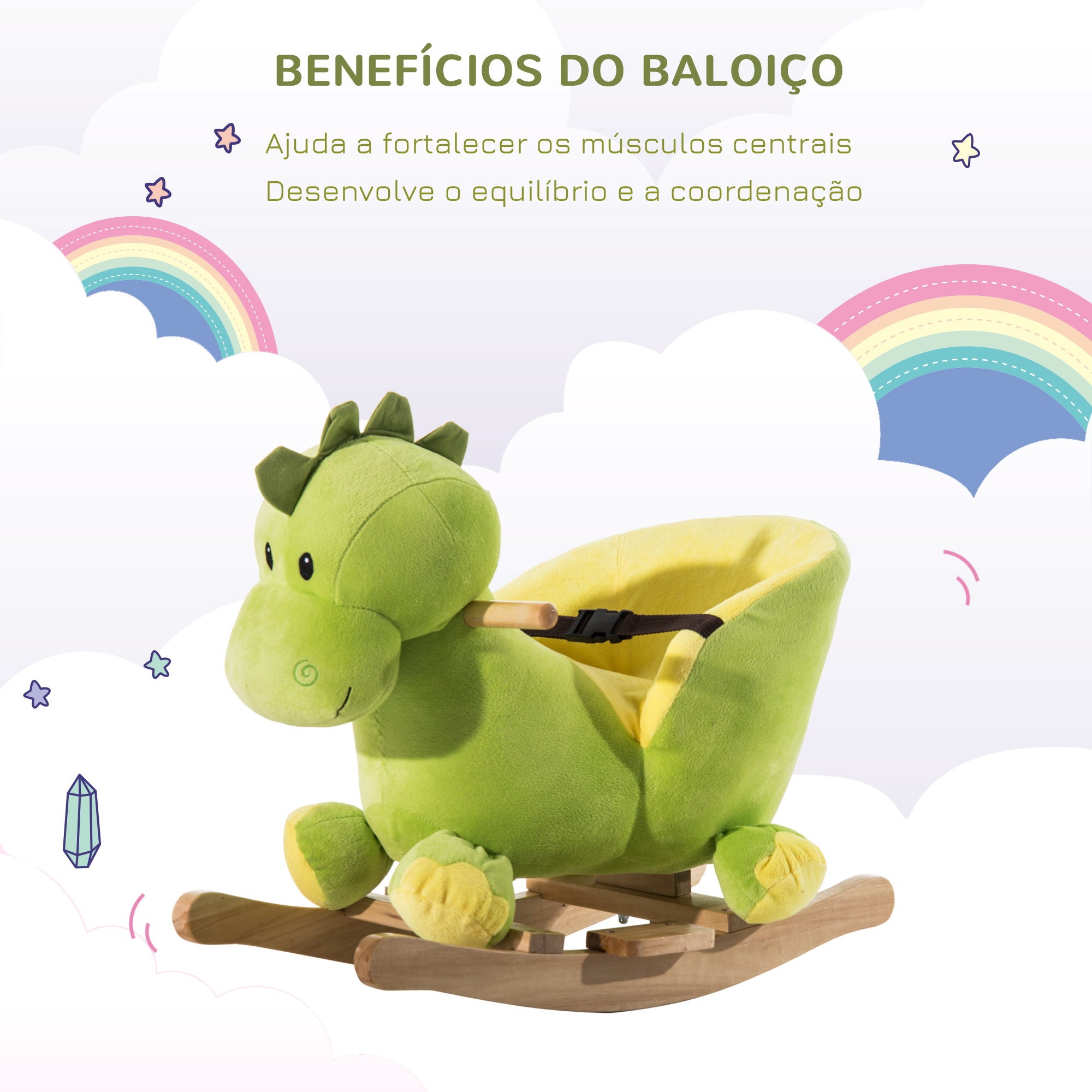 Baloiço Dinossauro de Pelúcia Verde 60x33x45cm para Bebés 18-36 Meses