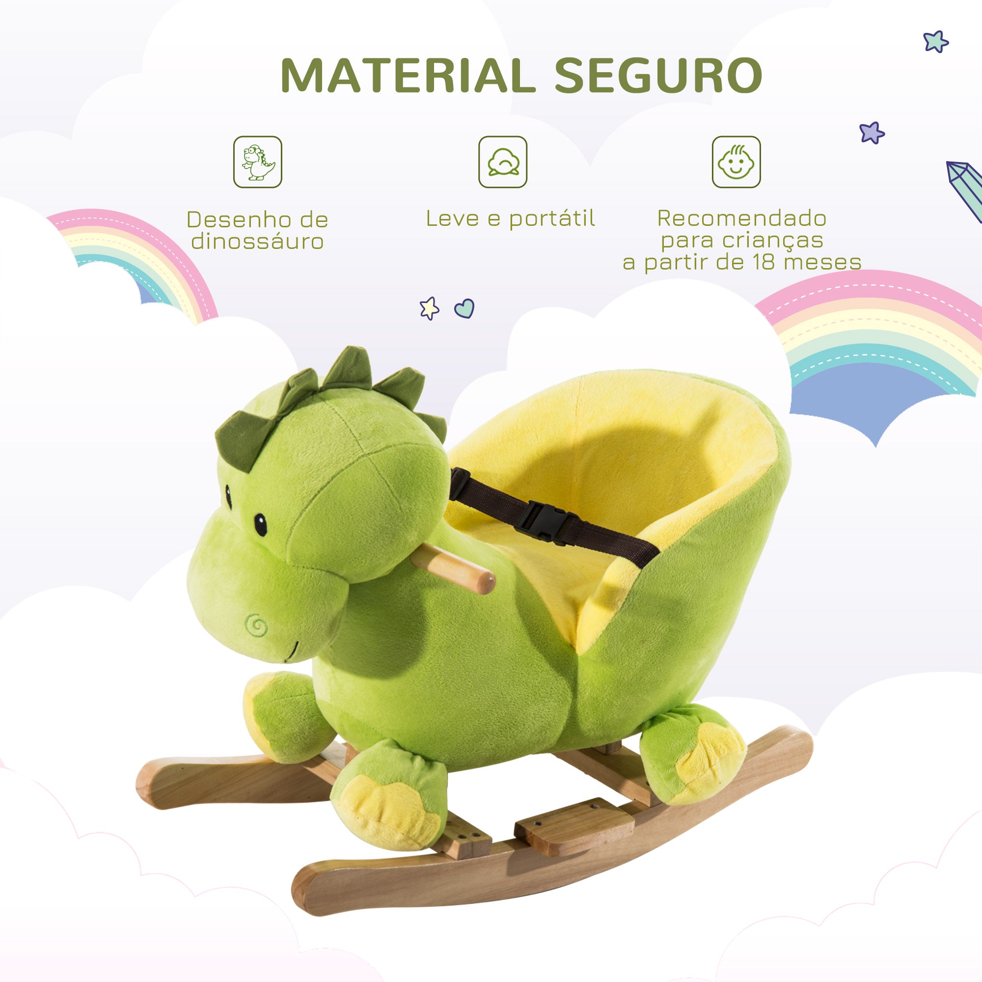 Baloiço Dinossauro de Pelúcia Verde 60x33x45cm para Bebés 18-36 Meses