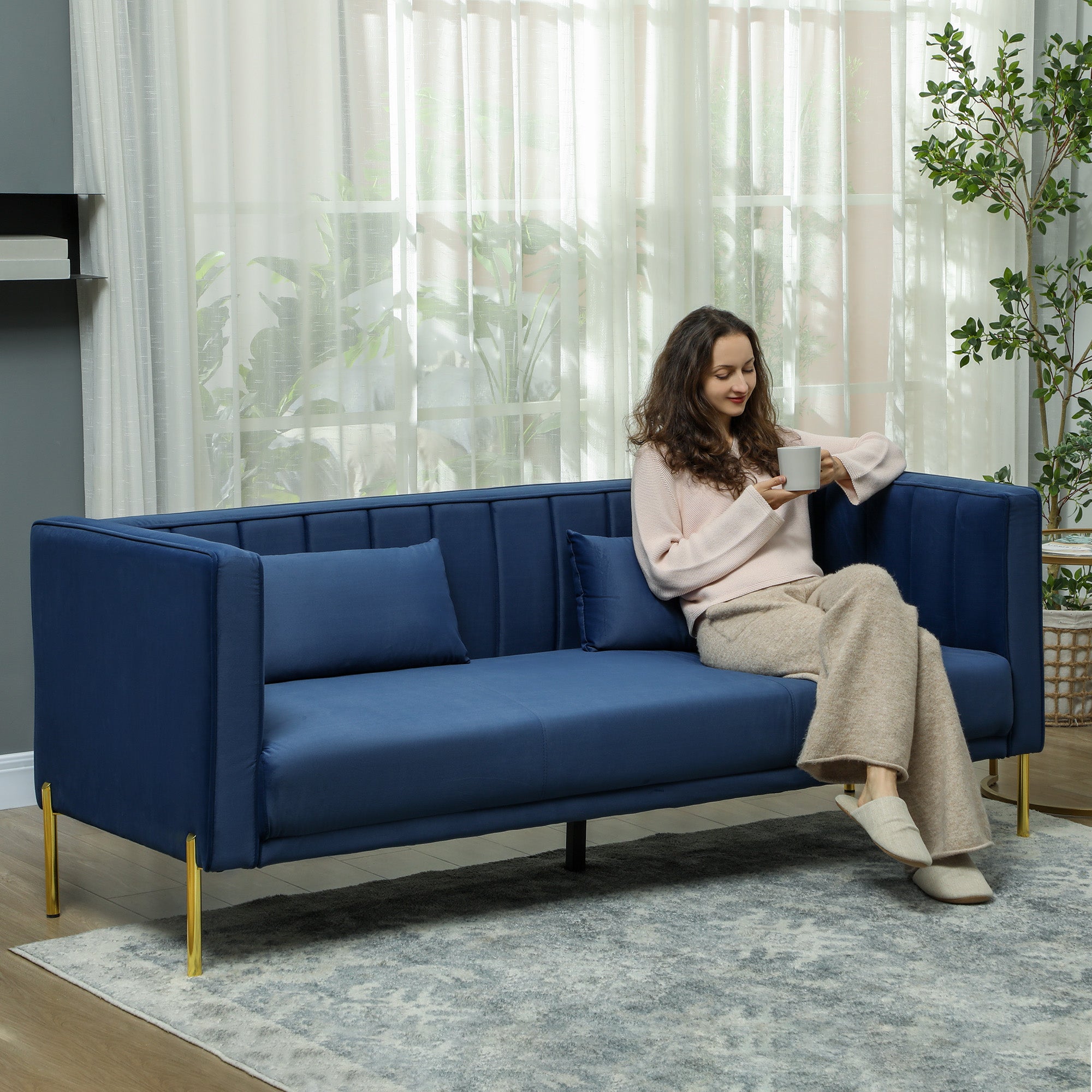 Sofá de 3 Lugares Azul Marinho 194,5x76x76 cm em Veludo com Almofadas Douradas