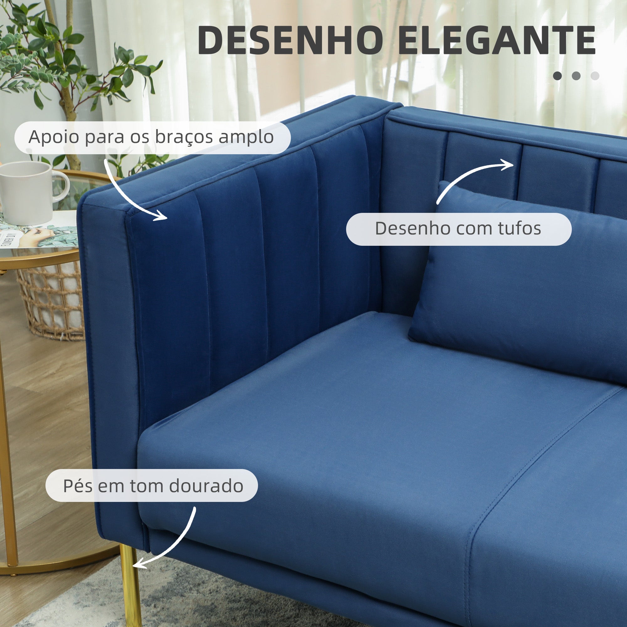 Sofá de 3 Lugares Azul Marinho 194,5x76x76 cm em Veludo com Almofadas Douradas