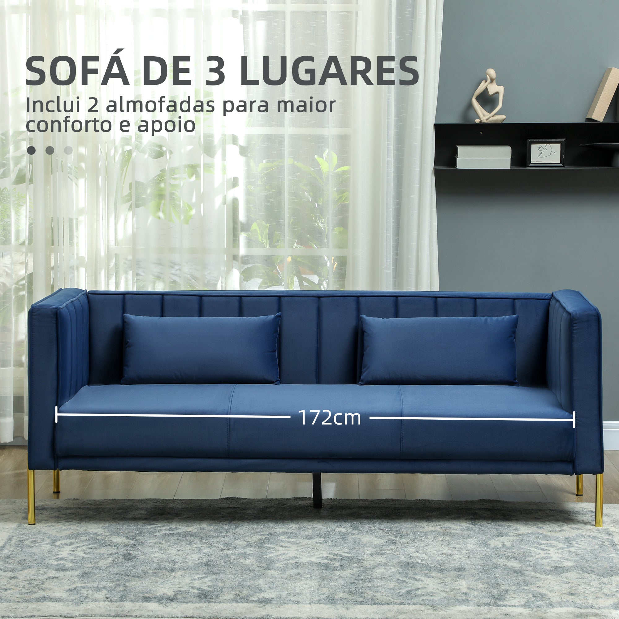Sofá de 3 Lugares Azul Marinho 194,5x76x76 cm em Veludo com Almofadas Douradas
