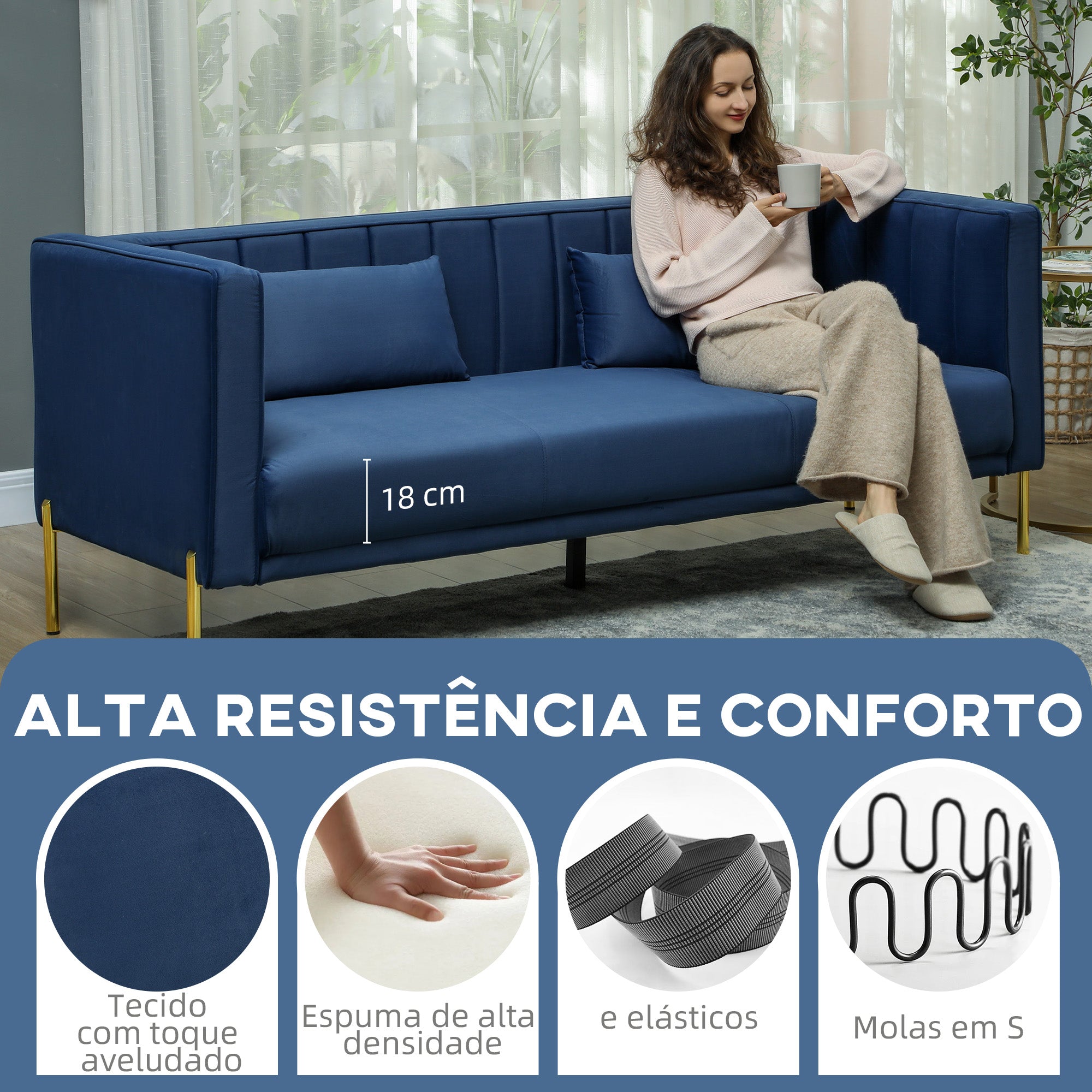 Sofá de 3 Lugares Azul Marinho 194,5x76x76 cm em Veludo com Almofadas Douradas