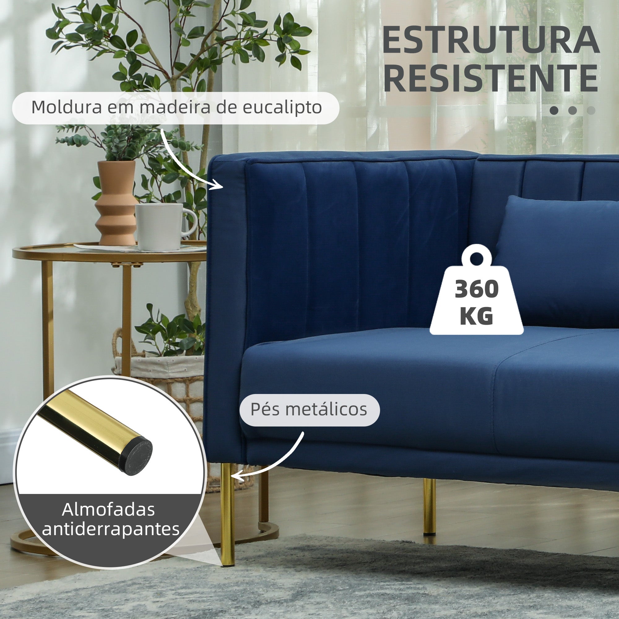 Sofá de 3 Lugares Azul Marinho 194,5x76x76 cm em Veludo com Almofadas Douradas