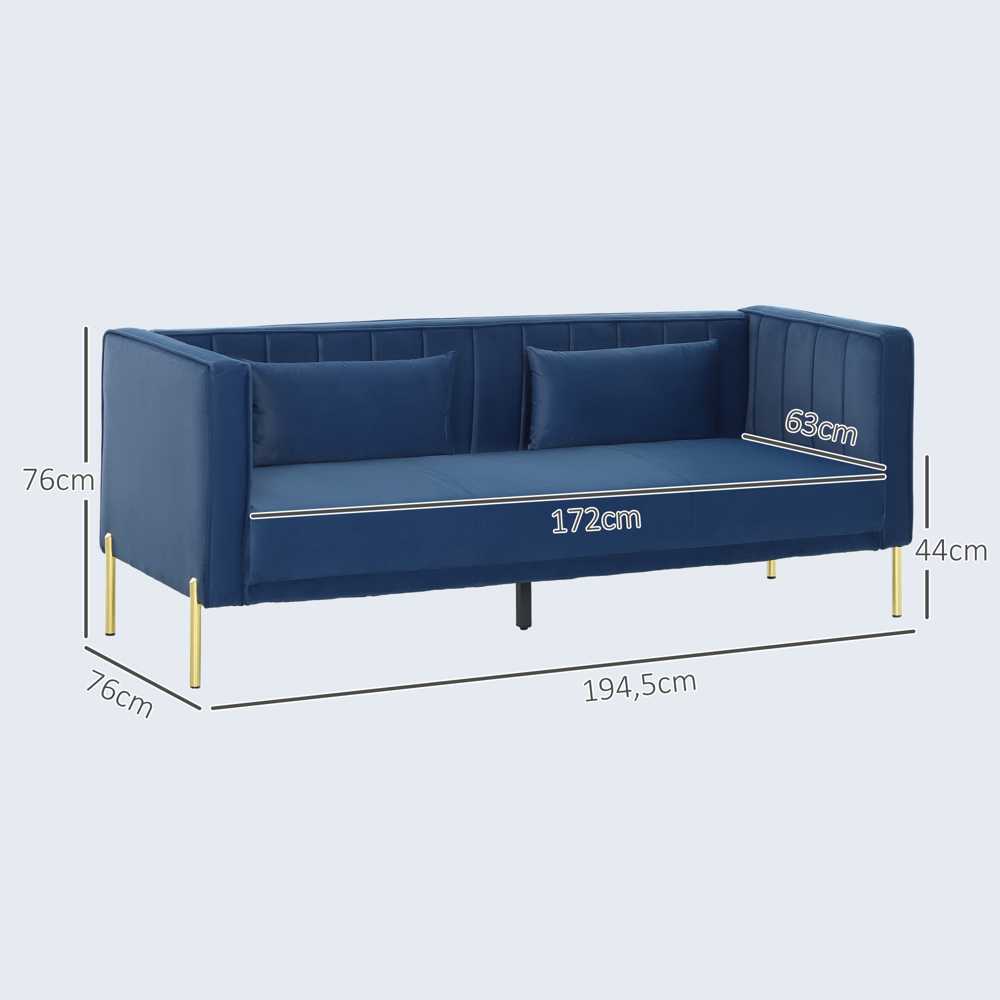 Sofá de 3 Lugares Azul Marinho 194,5x76x76 cm em Veludo com Almofadas Douradas
