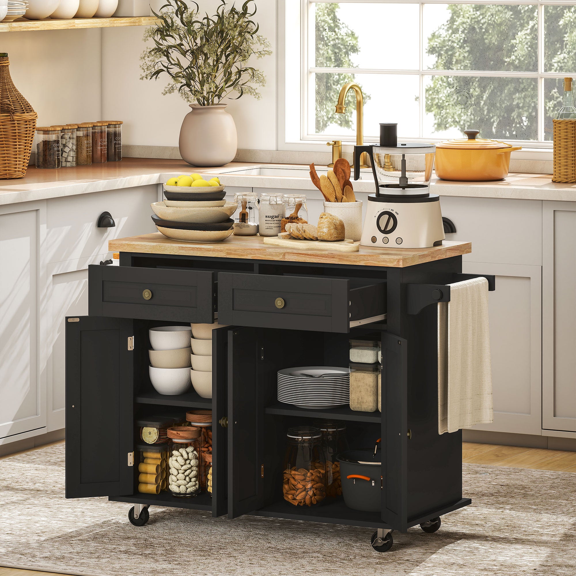 Ilha de Cozinha Móvel – 111x44,5x82,5 cm – Preto – MDF, madeira melamina e madeira de borracha