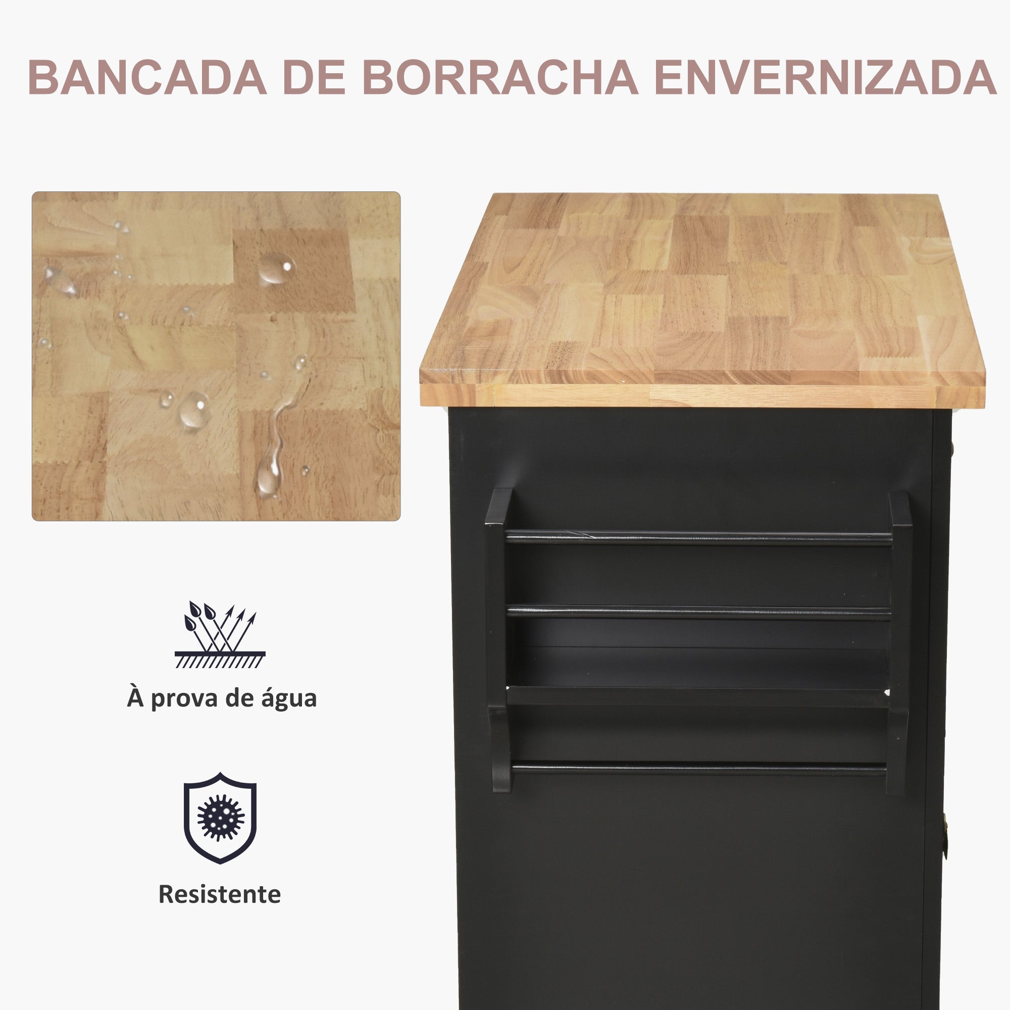 Ilha de Cozinha Móvel – 111x44,5x82,5 cm – Preto – MDF, madeira melamina e madeira de borracha