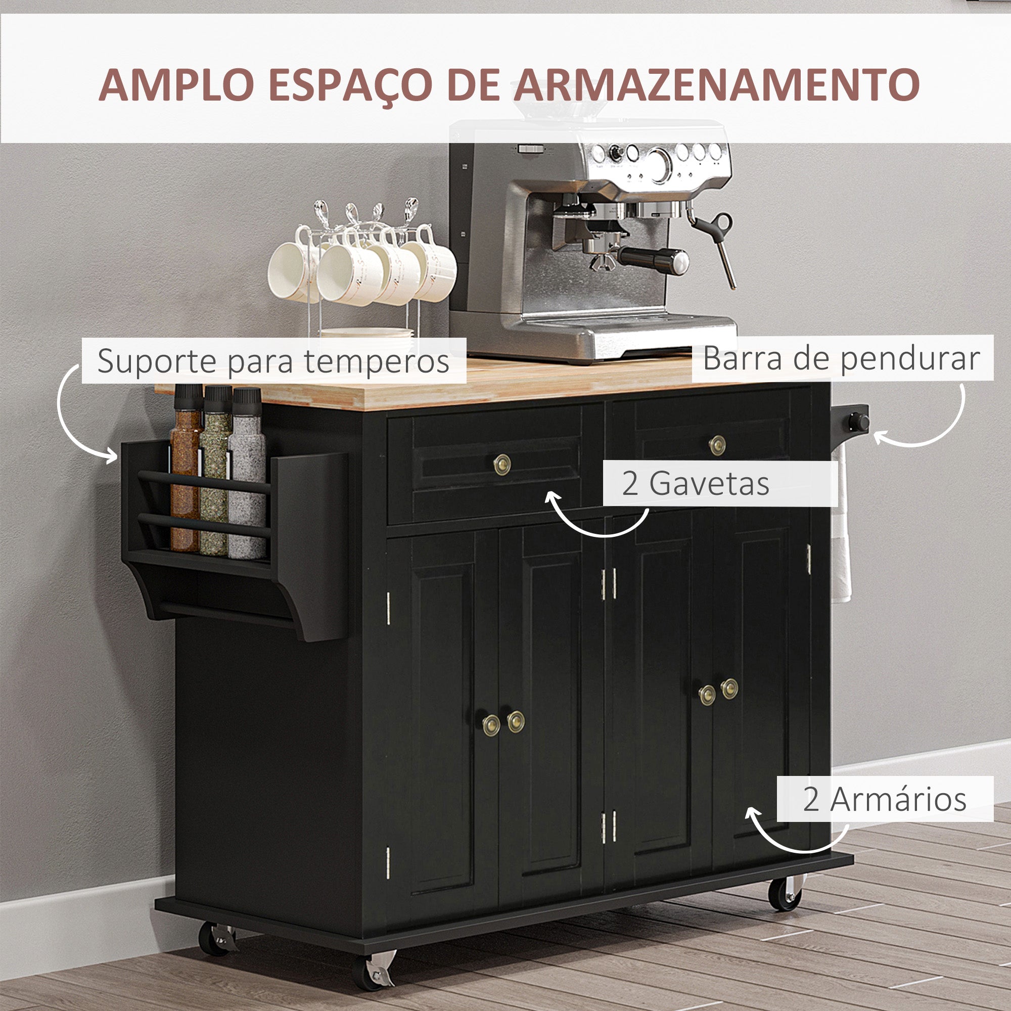 Ilha de Cozinha Móvel – 111x44,5x82,5 cm – Preto – MDF, madeira melamina e madeira de borracha