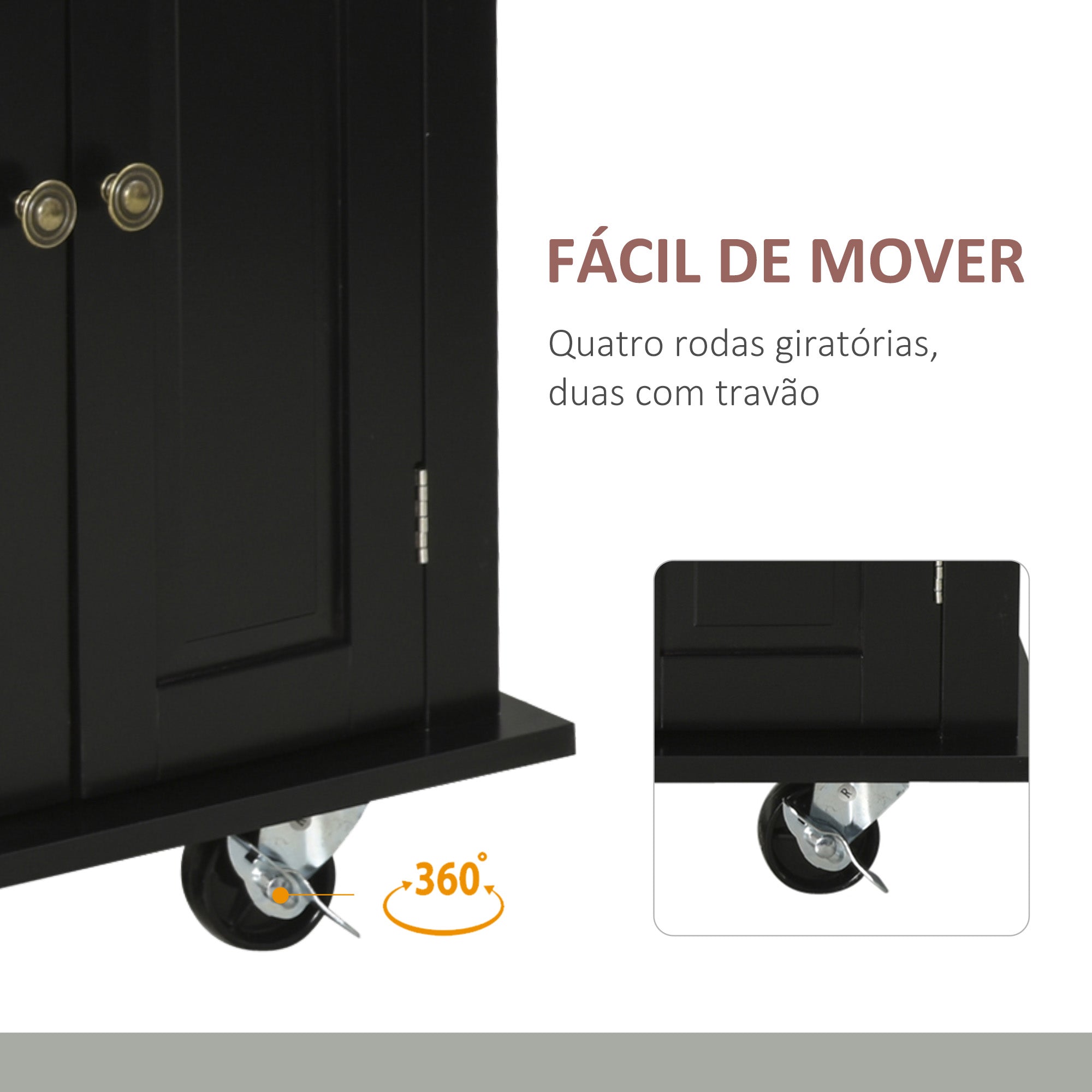 Ilha de Cozinha Móvel – 111x44,5x82,5 cm – Preto – MDF, madeira melamina e madeira de borracha