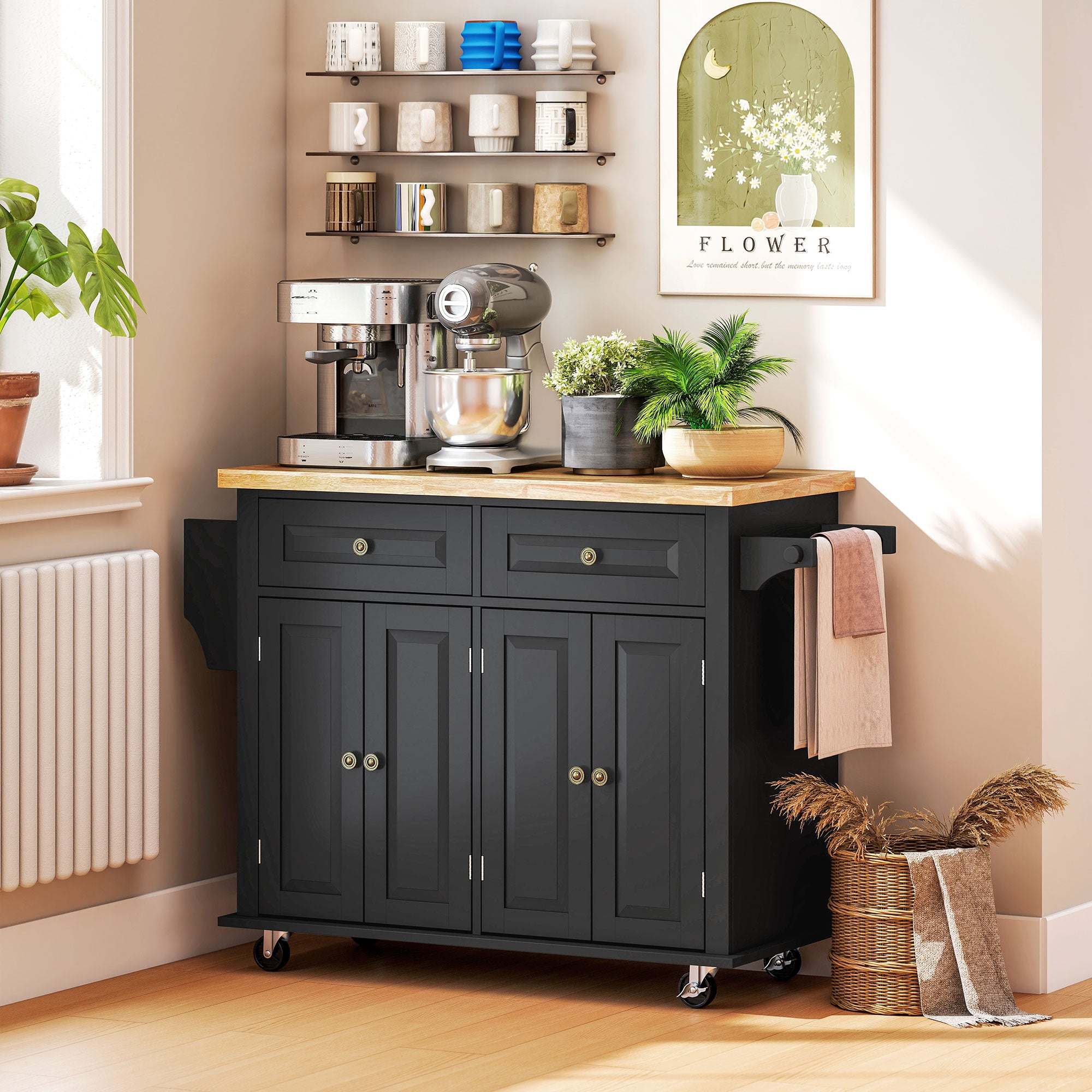 Ilha de Cozinha Móvel – 111x44,5x82,5 cm – Preto – MDF, madeira melamina e madeira de borracha