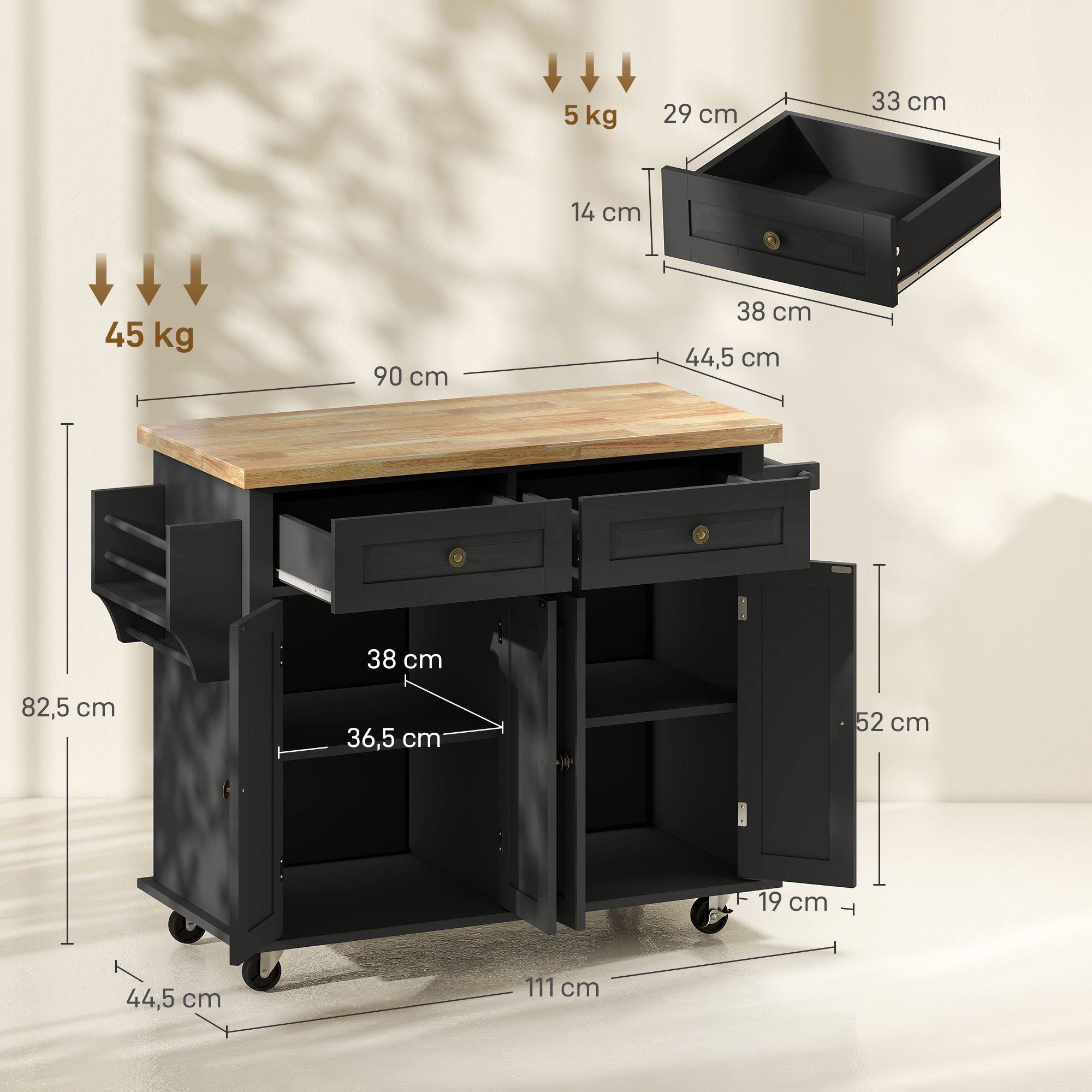 Ilha de Cozinha Móvel – 111x44,5x82,5 cm – Preto – MDF, madeira melamina e madeira de borracha