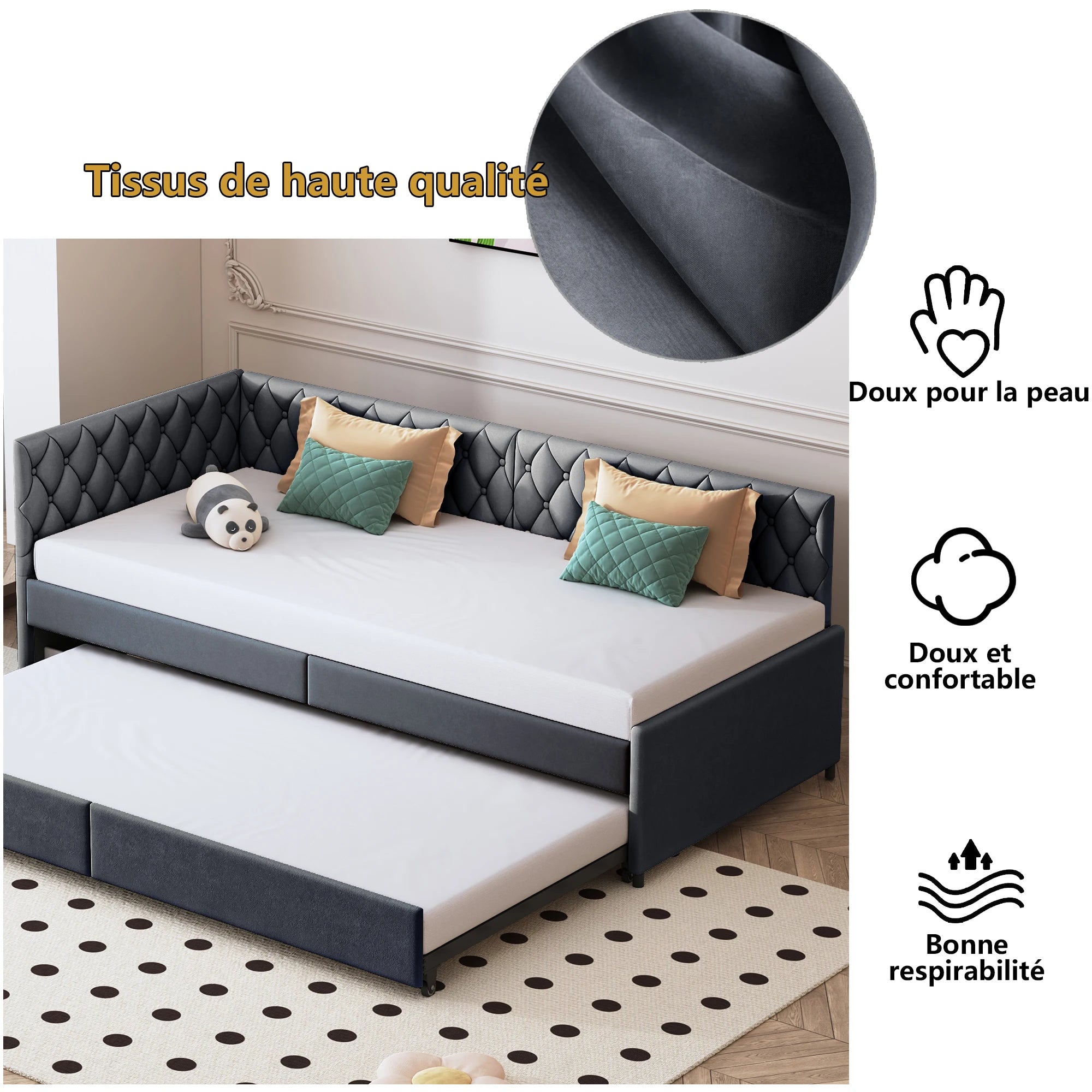 Sofá-Cama Rosahqnda Estofado 90x200 cm com Cama Extraível – Cinza – Estrutura com Estrado de Ripas
