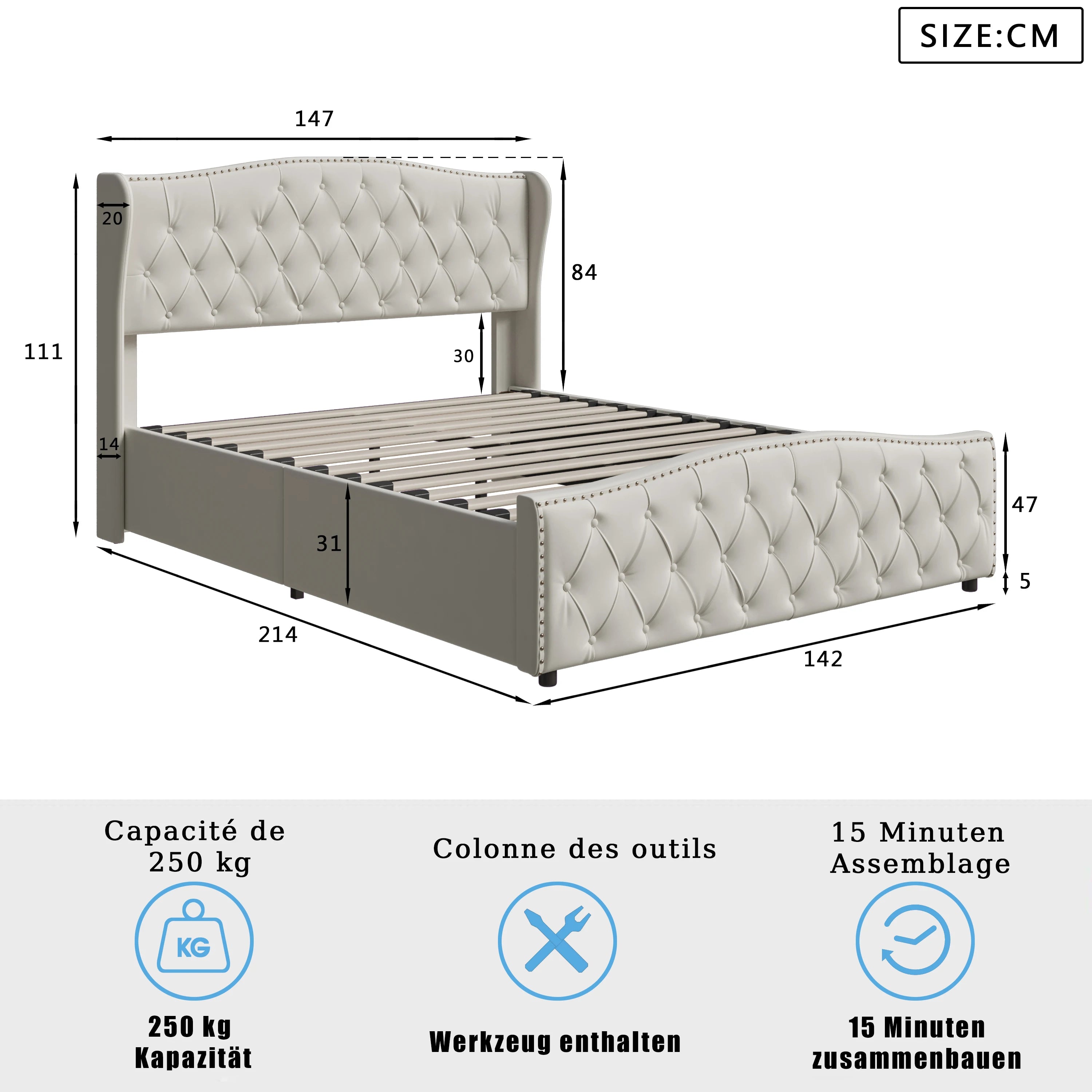 Cama Halla Estofada Hidráulica – 140x200 cm – Cinza – Estrutura com Arrumação