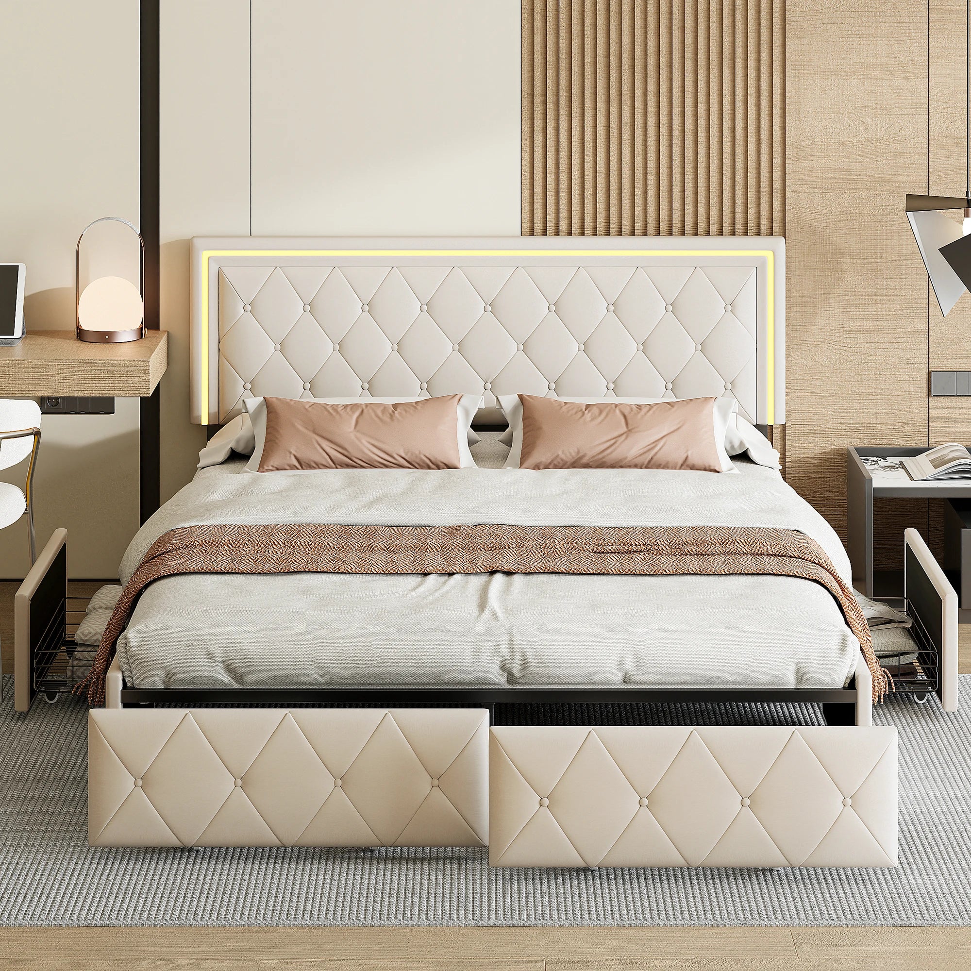 Cama de Casal Alma em Couro Sintético com 4 Gavetas – 160x200 cm – Bege – Estrutura Rosahqnda sem Colchão