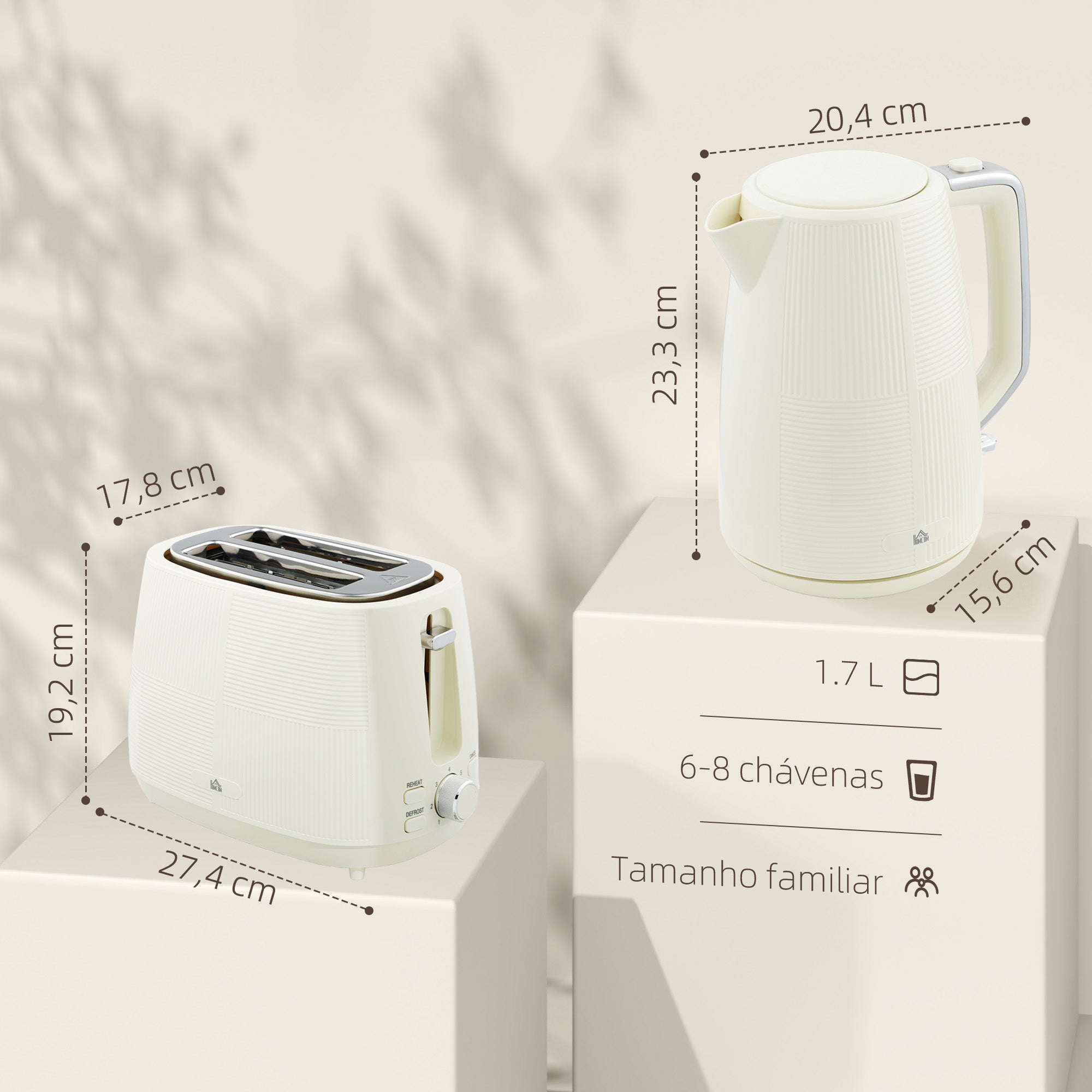 Conjunto de Torradeira e Jarro Elétrico – 20,4x15,6x23,3 cm – Creme – PP e aço inoxidável