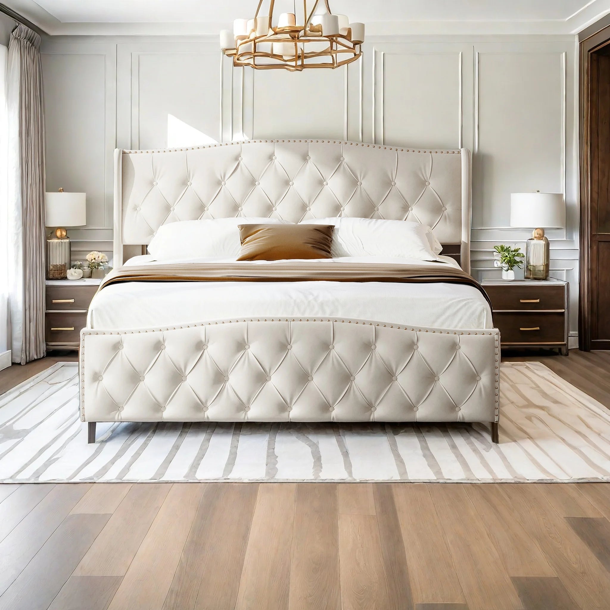 Cama Halla Estofada Hidráulica – 160x200 cm – Bege – Estrutura com Arrumação