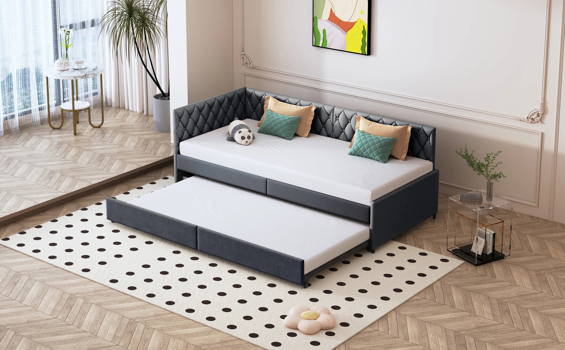 Sofá-Cama Rosahqnda Estofado 90x200 cm com Cama Extraível – Cinza – Estrutura com Estrado de Ripas