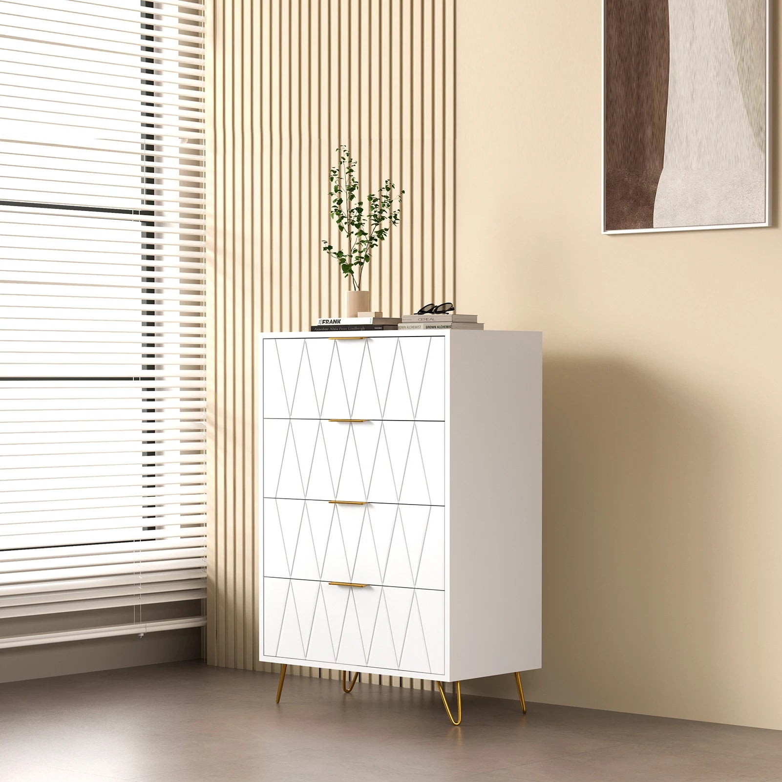 Cómoda Allia com 4 Gavetas – Branco – Estrutura em MDF com Pés Metálicos Dourados