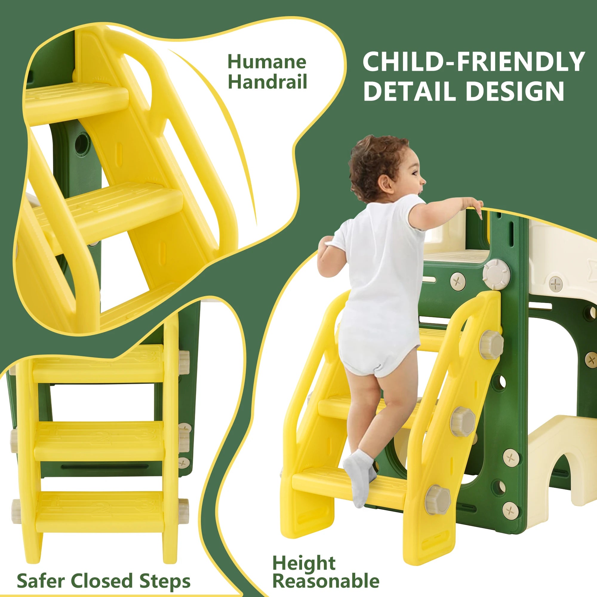 Parque Infantil 7 em 1 com Parque de Brincadeiras – Uso Interior e Exterior – 193/203x166x96,5 cm – Amarelo
