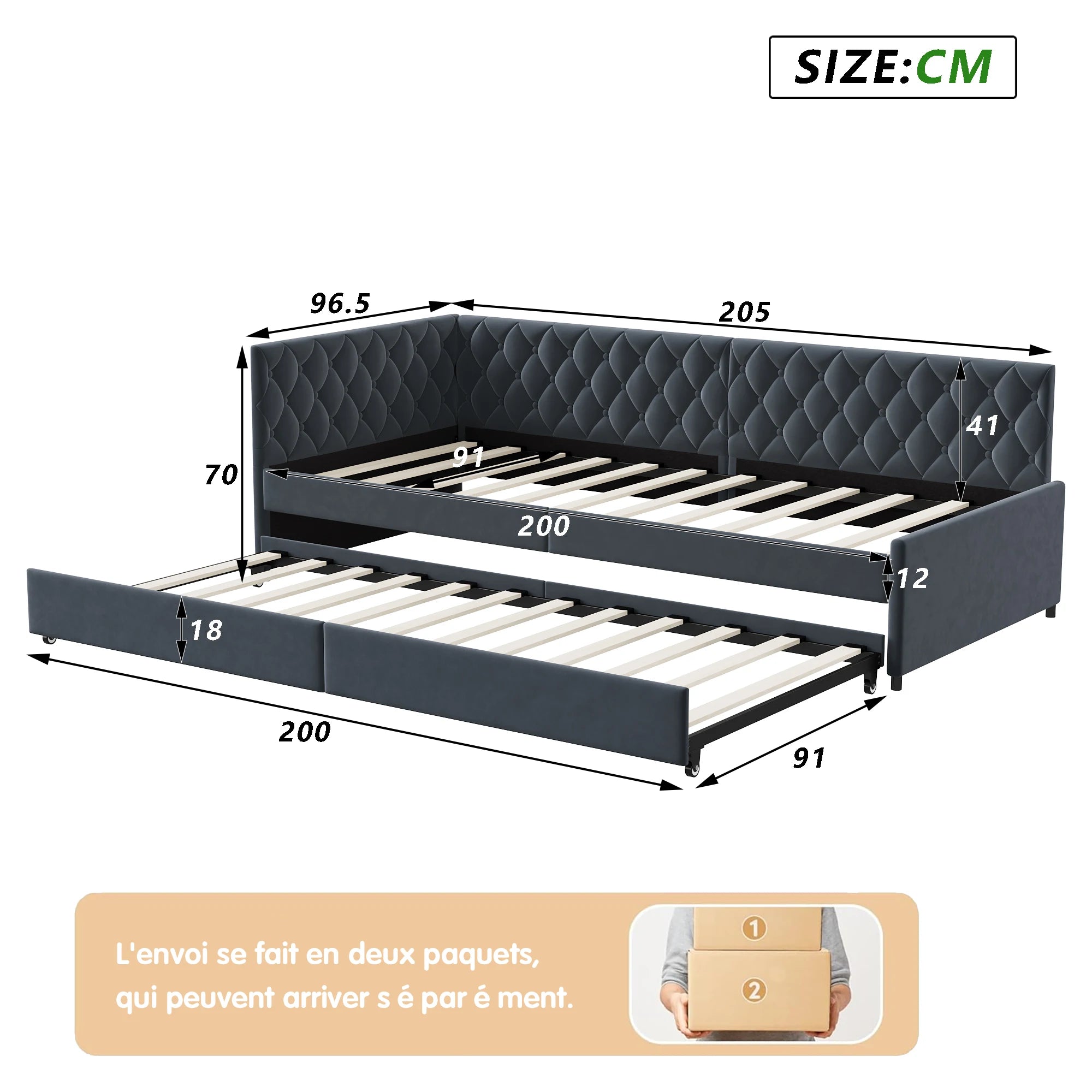 Sofá-Cama Rosahqnda Estofado 90x200 cm com Cama Extraível – Cinza – Estrutura com Estrado de Ripas