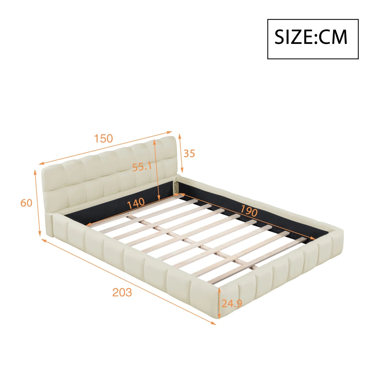 Cama Estofada Rosahqnda em Linho com Cabeceira Acolchoada – 140x190 cm – Bege – Estrutura com Estrado de Ripas