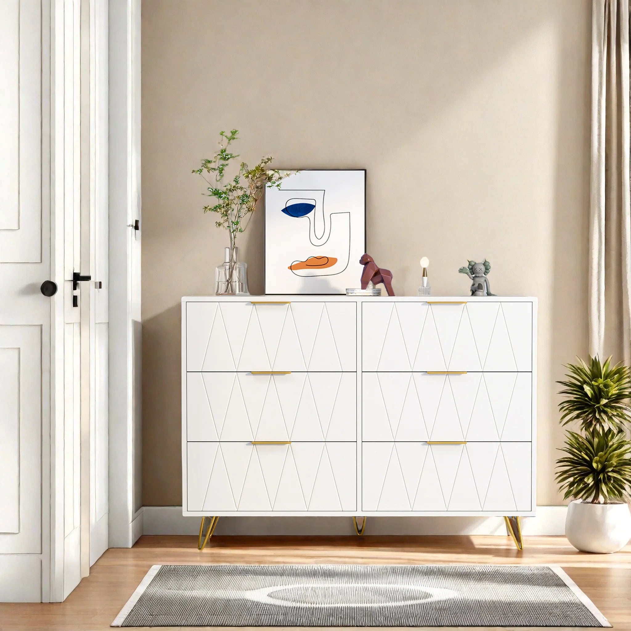 Cómoda Allia com 6 Gavetas – Branco – Estrutura em MDF com Pés Metálicos Dourados