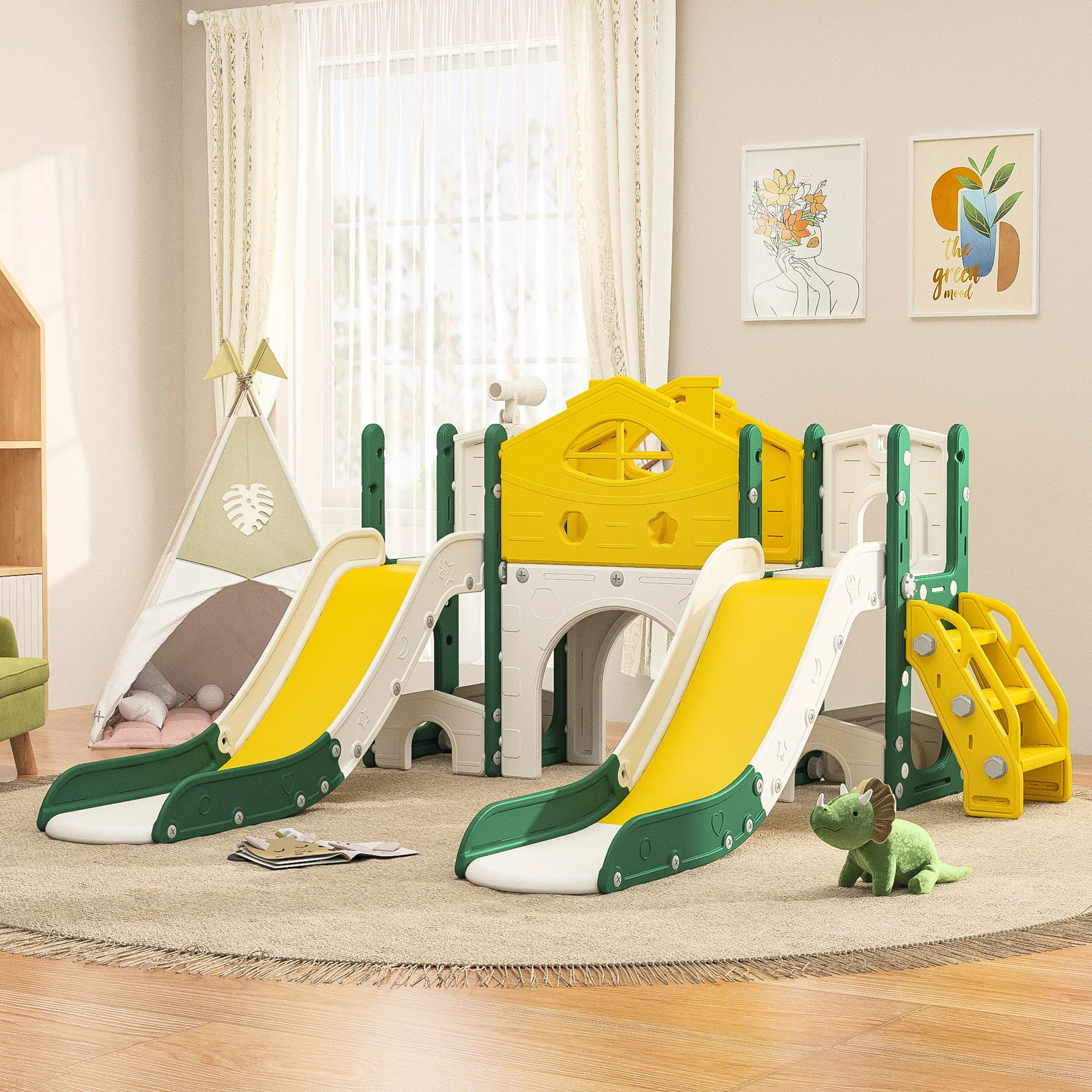 Parque Infantil 7 em 1 com Parque de Brincadeiras – Uso Interior e Exterior – 193/203x166x96,5 cm – Amarelo