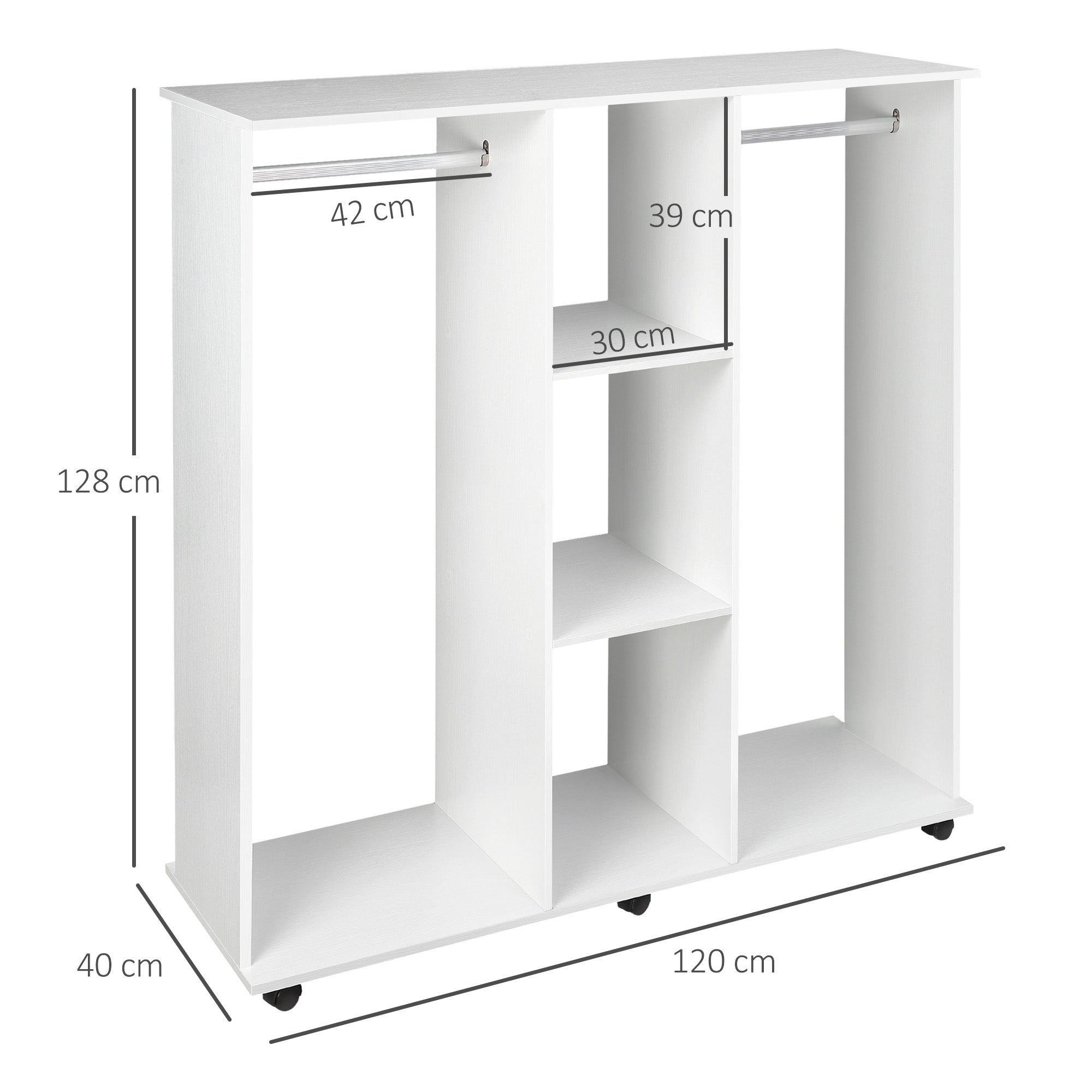 Roupeiro Aberto com 2 Barras e 3 Prateleiras 120x40x128 cm - Branco