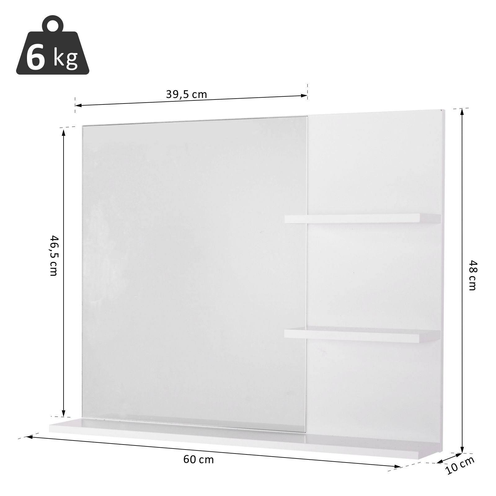 Espelho para Casa de Banho com Prateleiras 60x10x48cm Branco – MDF