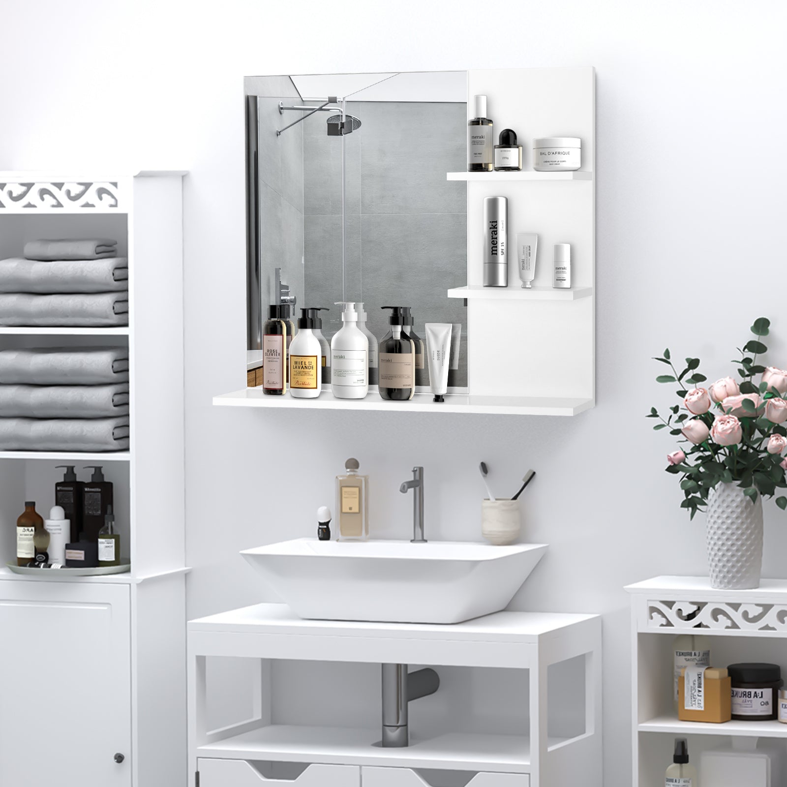 Espelho para Casa de Banho com 3 Prateleiras 60x10x48cm Branco