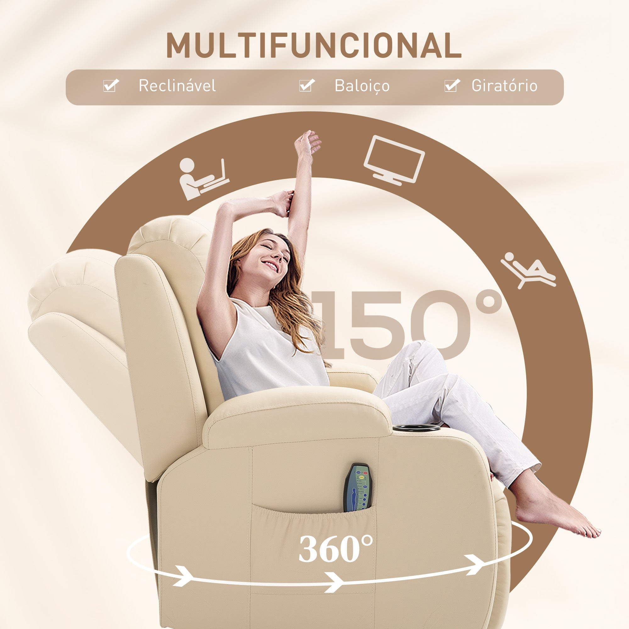 Poltrona Reclinável com Massagem 85x94x104 cm - Cor Creme