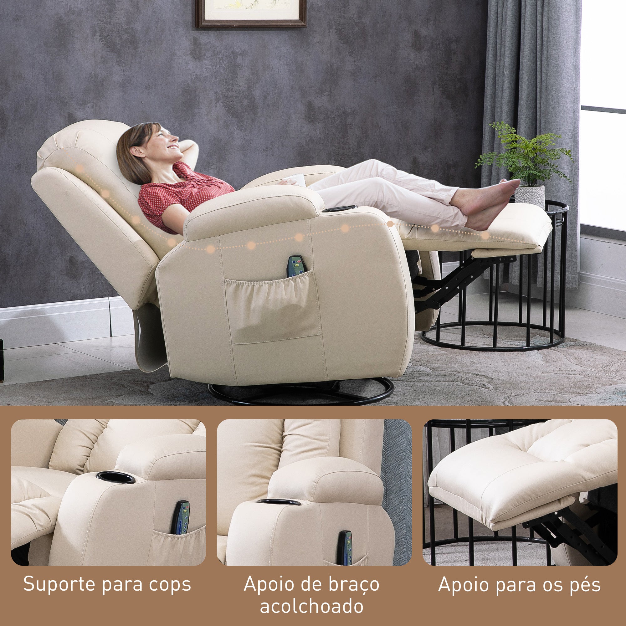 Poltrona Reclinável com Massagem 85x94x104 cm - Cor Creme