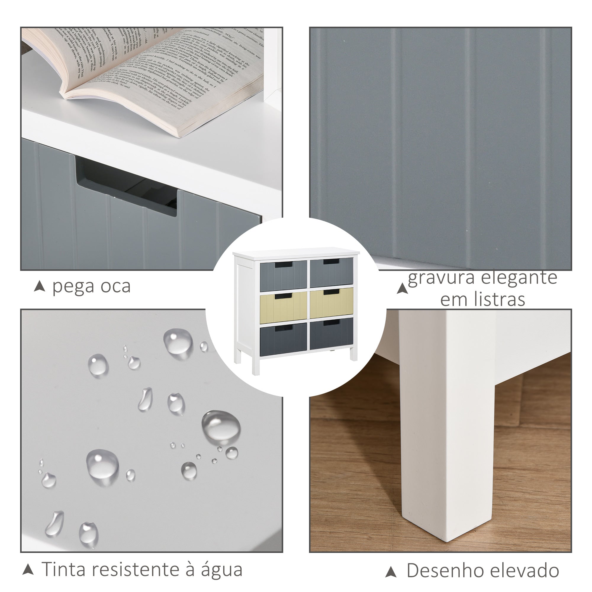 Cómoda de Madeira – 60x28x58cm – Branco, Cinza Escuro, Cinza Claro e Bege – MDF