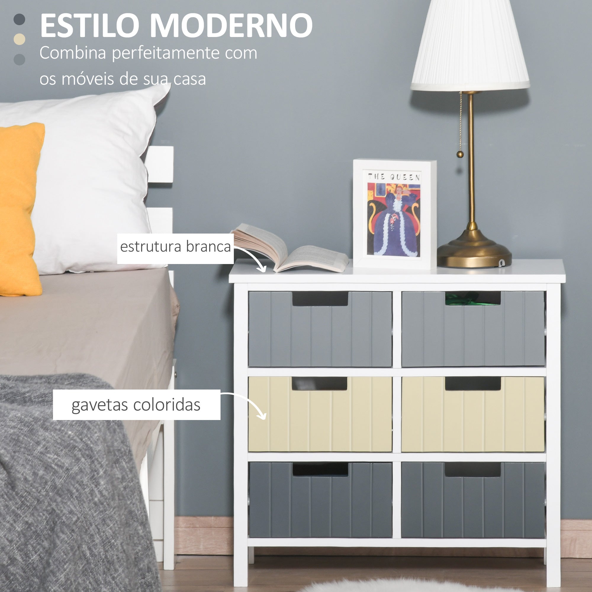 Cómoda de Madeira – 60x28x58cm – Branco, Cinza Escuro, Cinza Claro e Bege – MDF