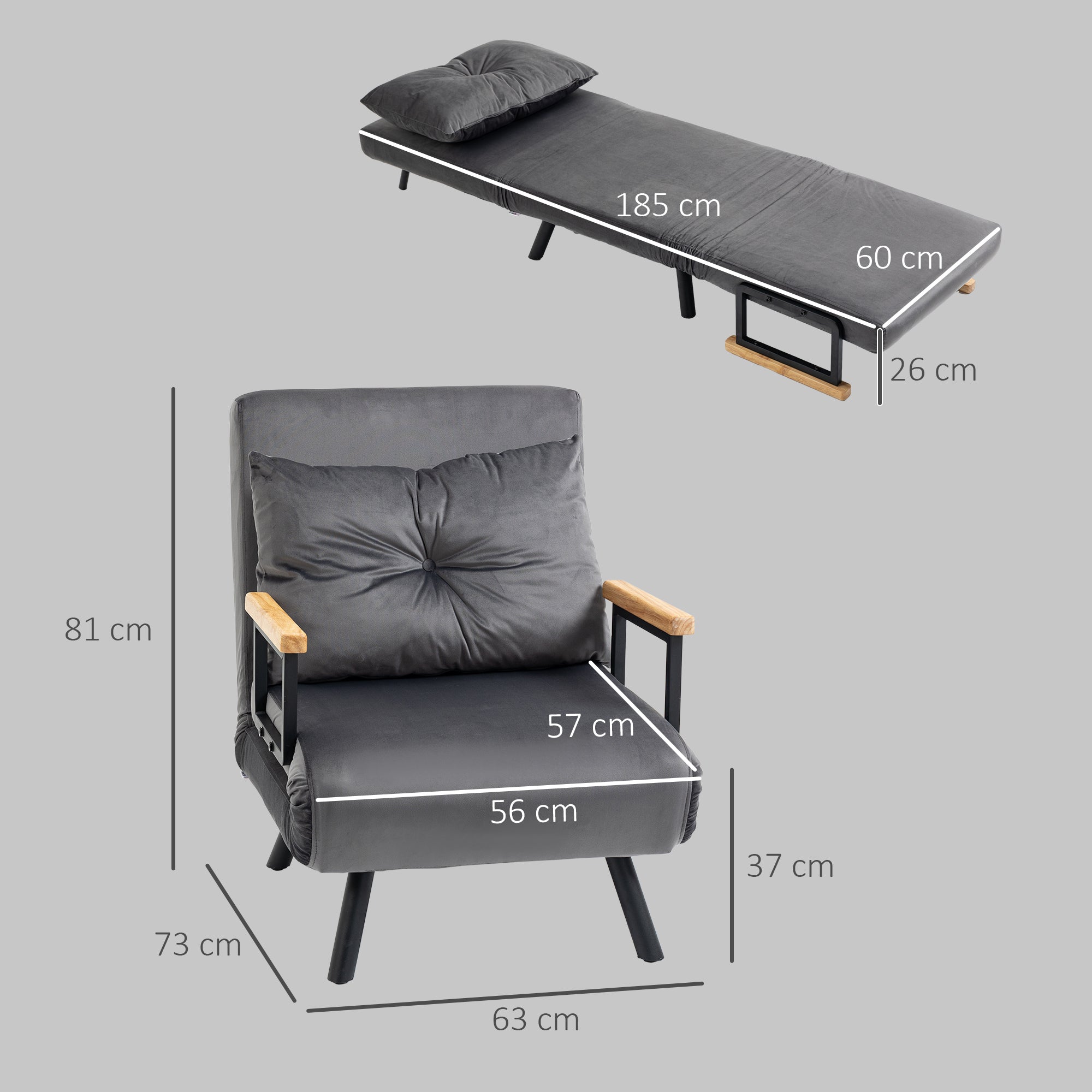 Poltrona Convertível em Cama Dobrável 3 em 1 - Cinzento 63x73x81 cm