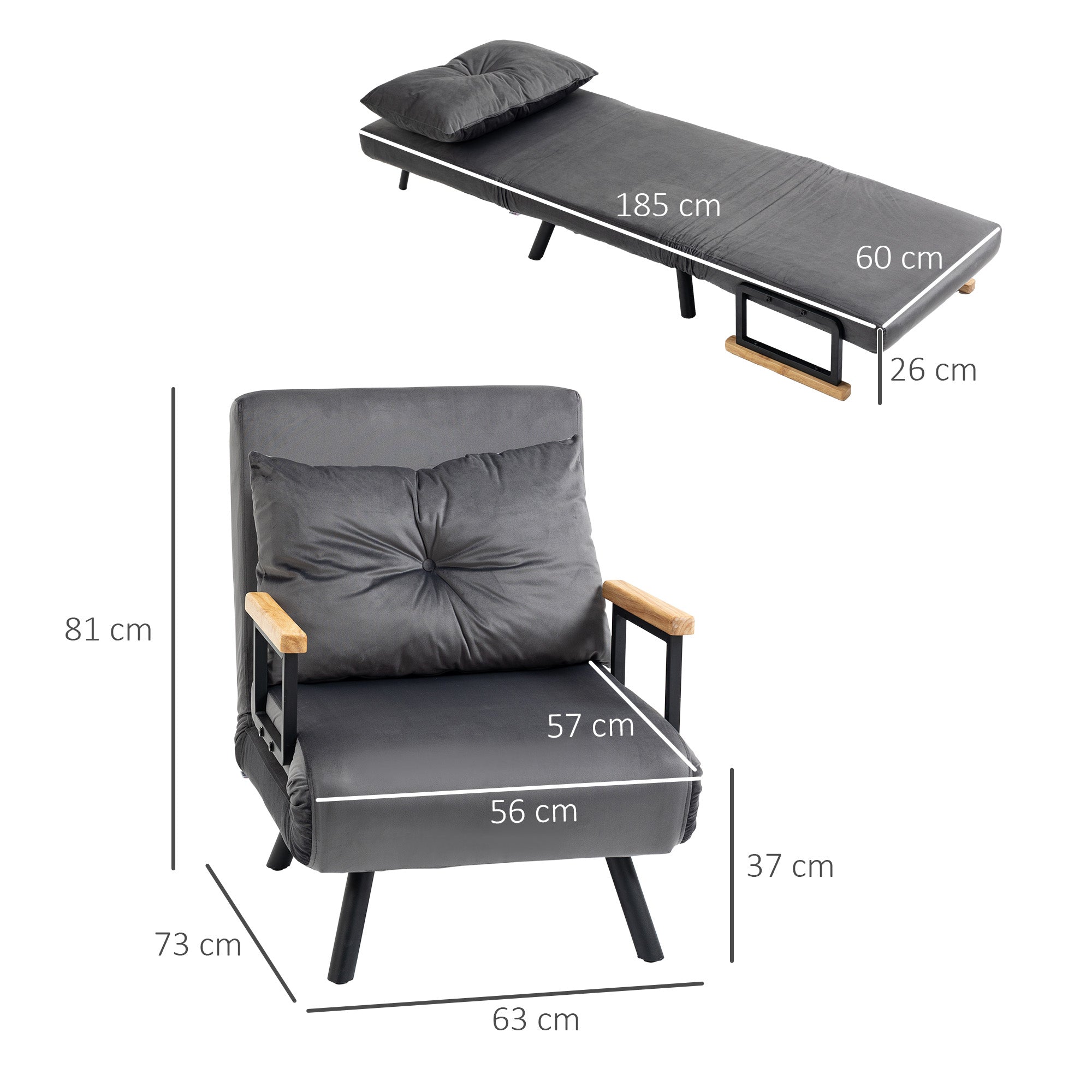 Poltrona Convertível em Cama Dobrável 3 em 1 - Cinzento 63x73x81 cm