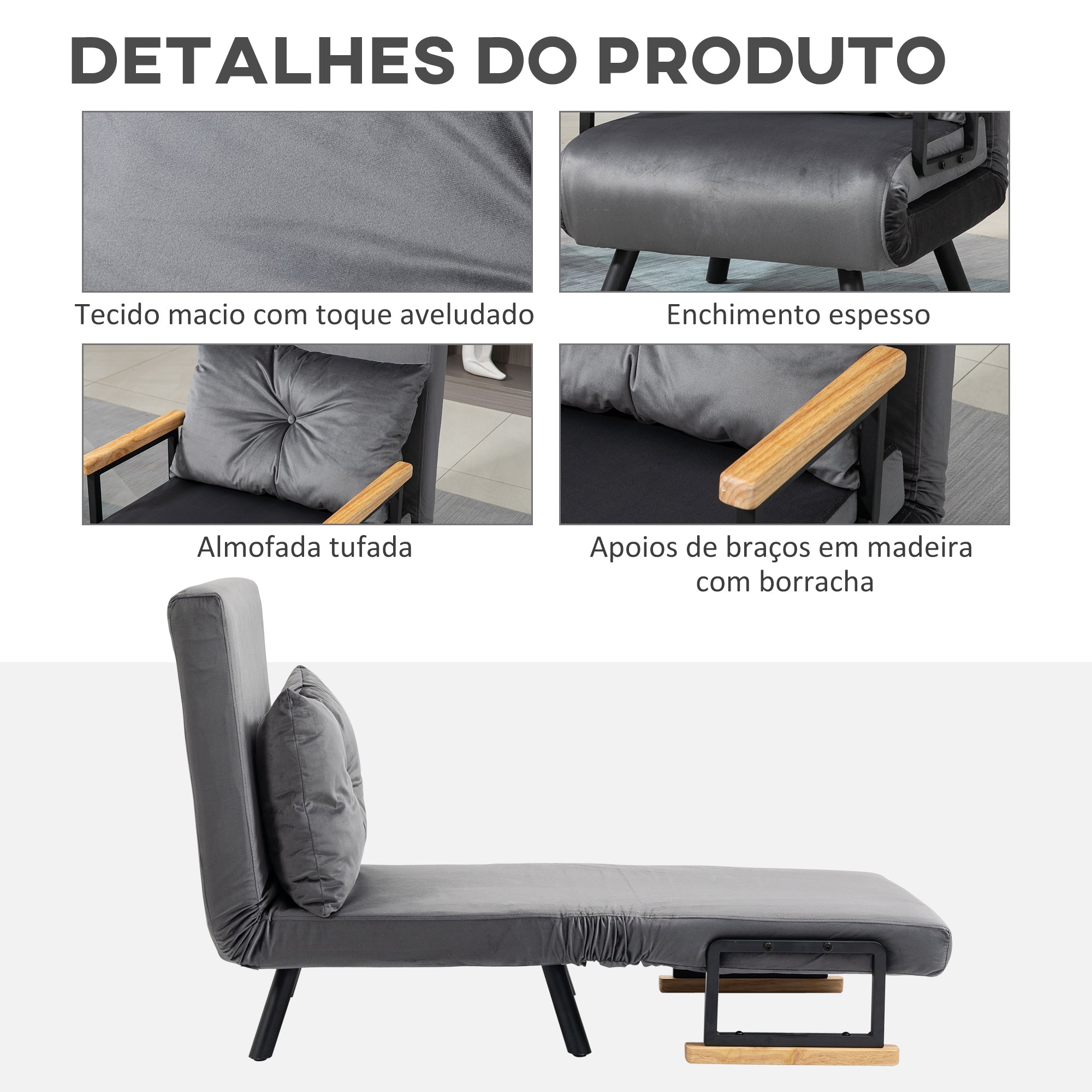 Poltrona Convertível em Cama Dobrável 3 em 1 - Cinzento 63x73x81 cm
