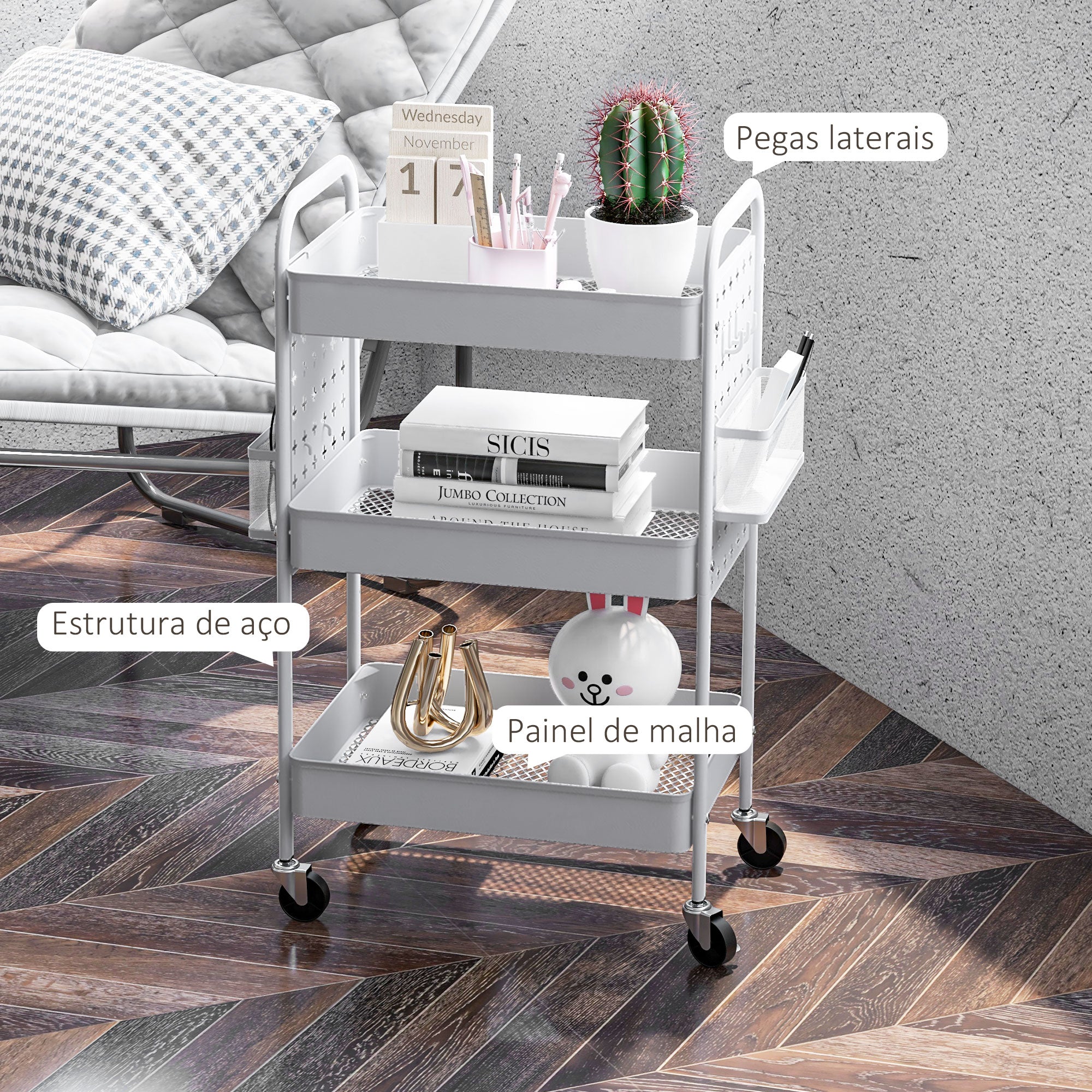 Carrinho Auxiliar de Armazenamento 3 Bandejas Branco 53,5x30,5x75 cm