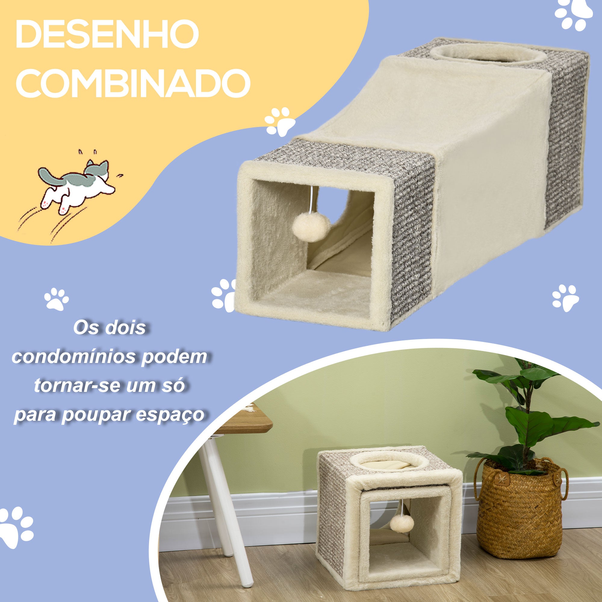 Túnel para Gatos com Bola Suspensa - 98x30x30 cm - Creme e Cinza