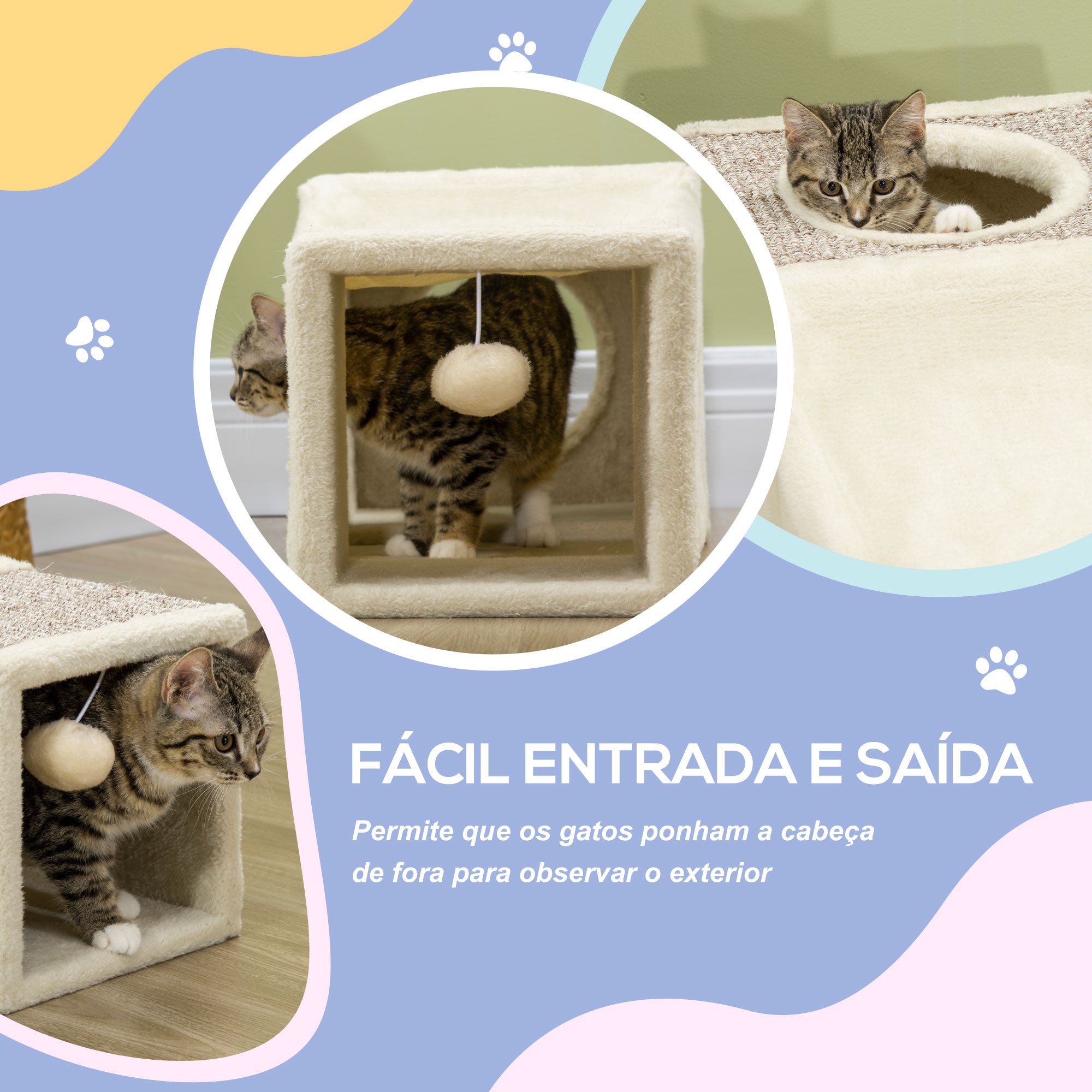 Túnel para Gatos com Bola Suspensa - 98x30x30 cm - Creme e Cinza