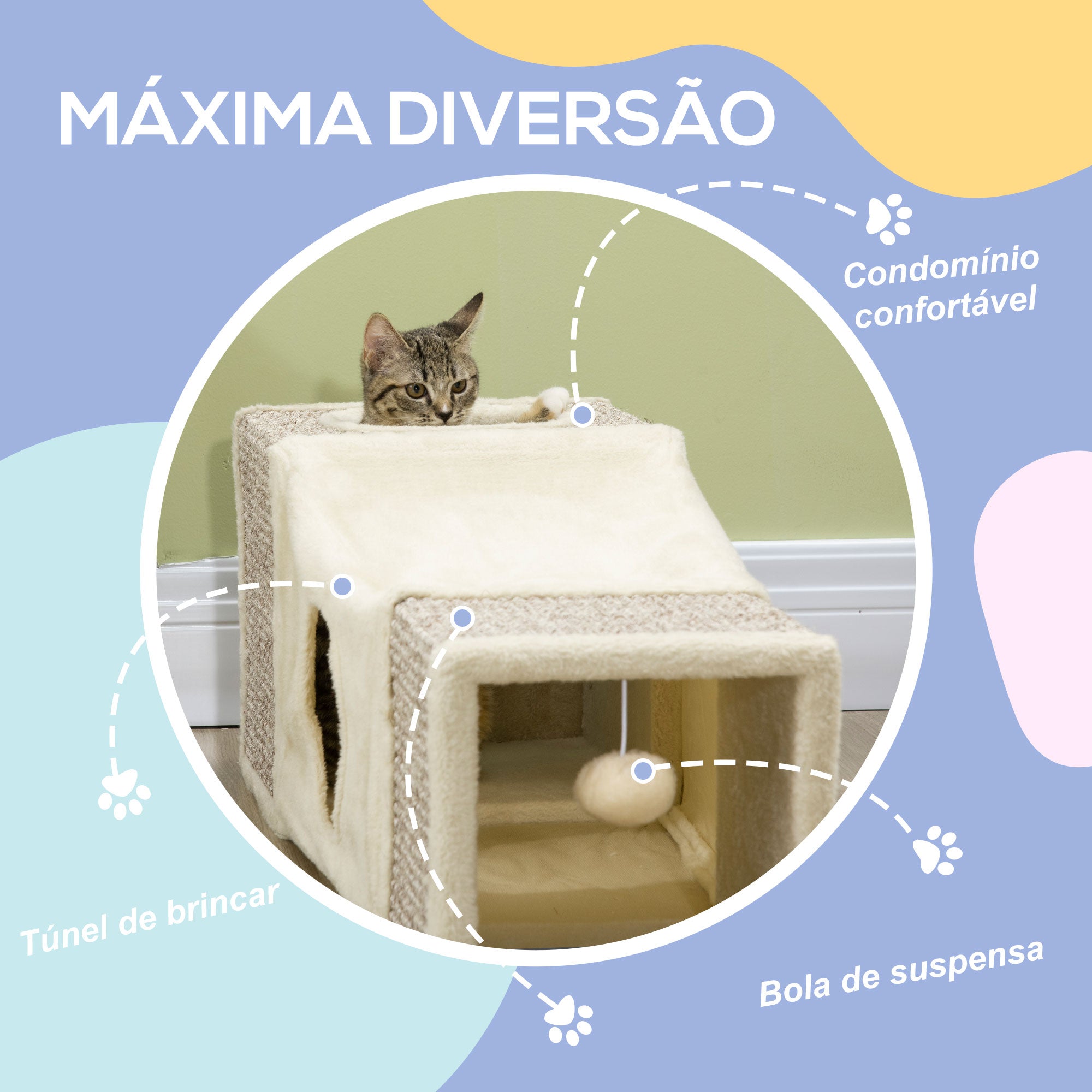Túnel para Gatos com Bola Suspensa - 98x30x30 cm - Creme e Cinza