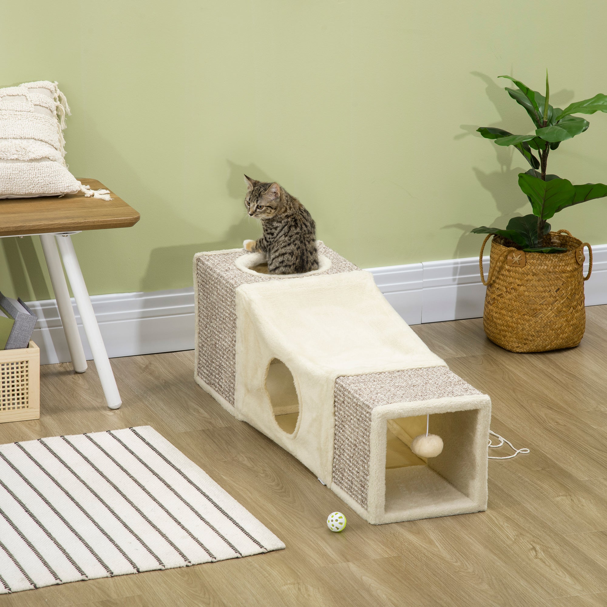 Túnel para Gatos com Bola Suspensa - 98x30x30 cm - Creme e Cinza